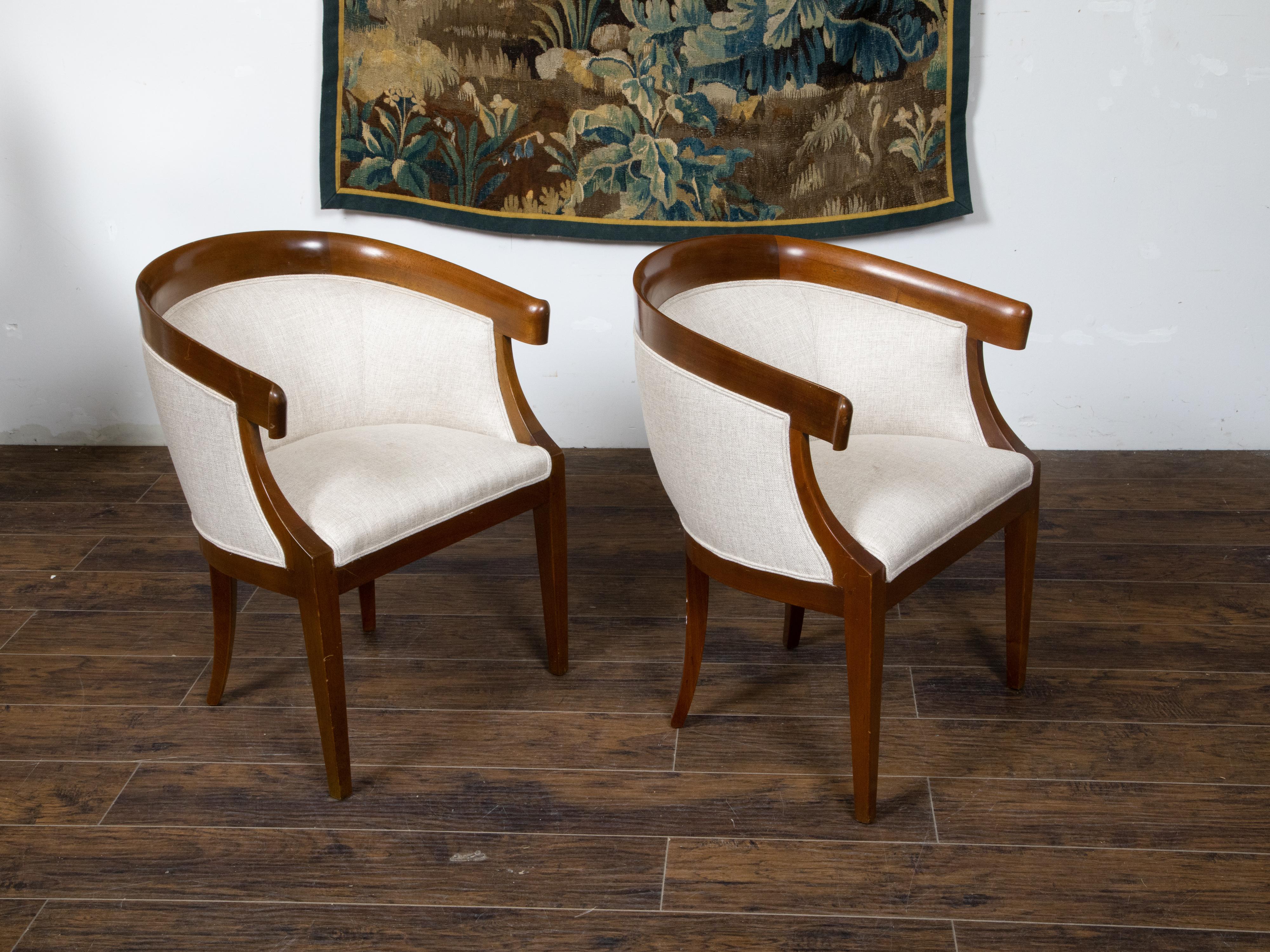 Pair of French Art Deco Period 1930s Walnut Horseshoe Back Upholstered Armchairs For Sale 3