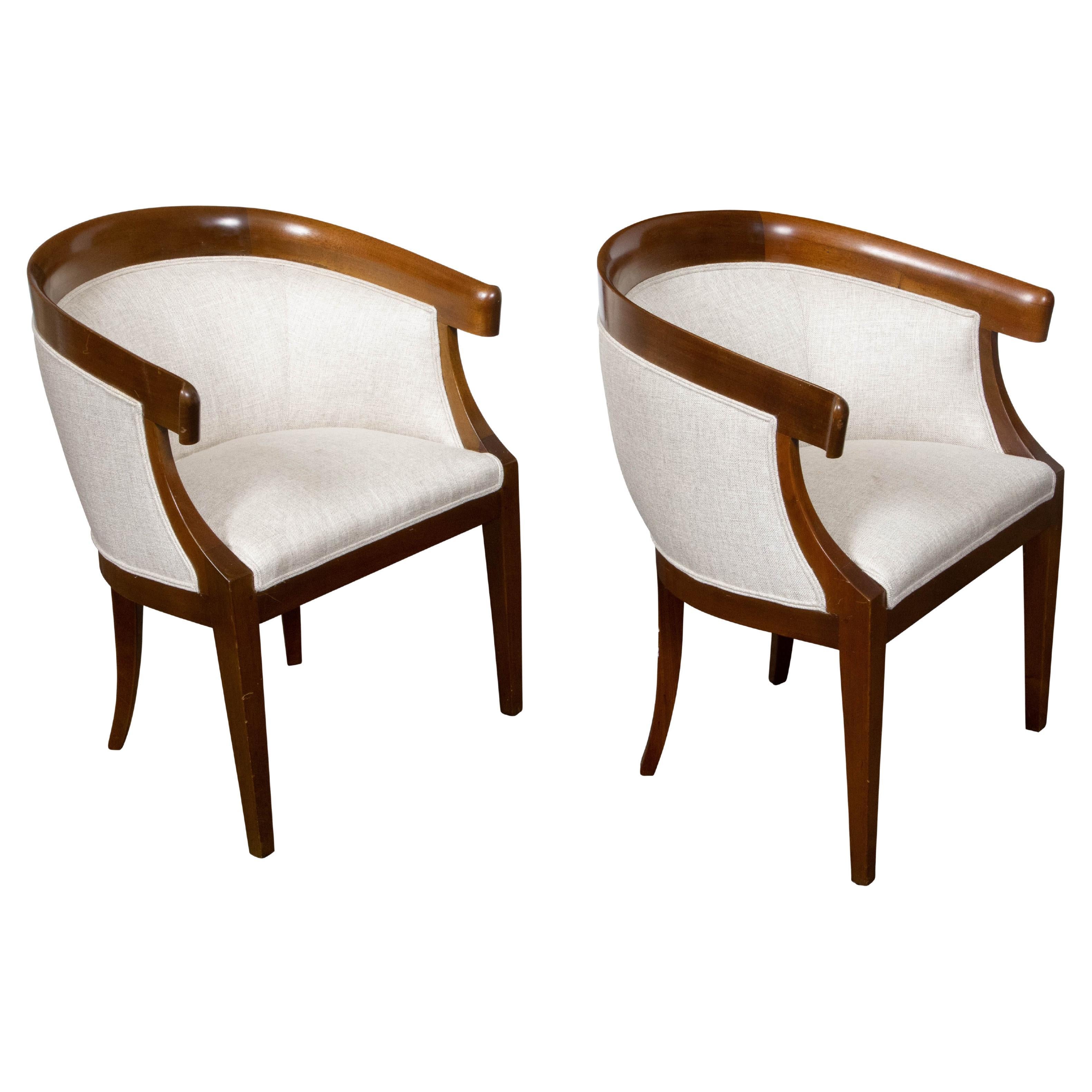 Pair of French Art Deco Period 1930s Walnut Horseshoe Back Upholstered Armchairs