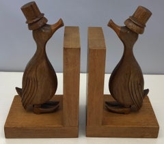 Pair of French Art Deco Period Hand Carved Wooden Bookends, Natural Walnut Wood