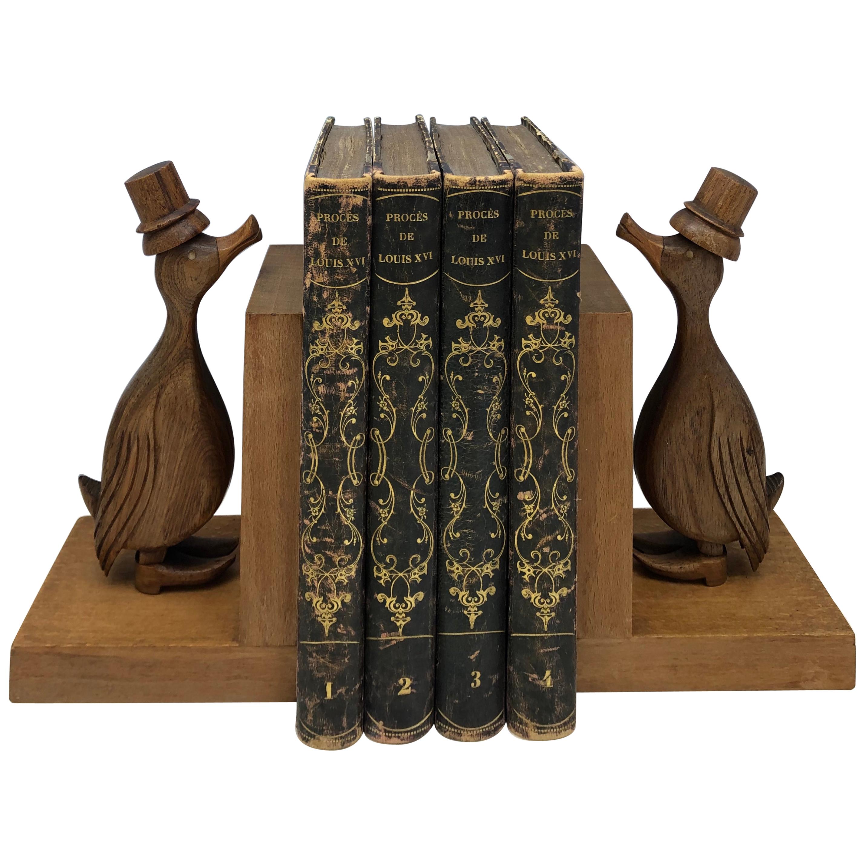 Pair of French Art Deco Period Hand Carved Wooden Bookends, Natural Walnut Wood