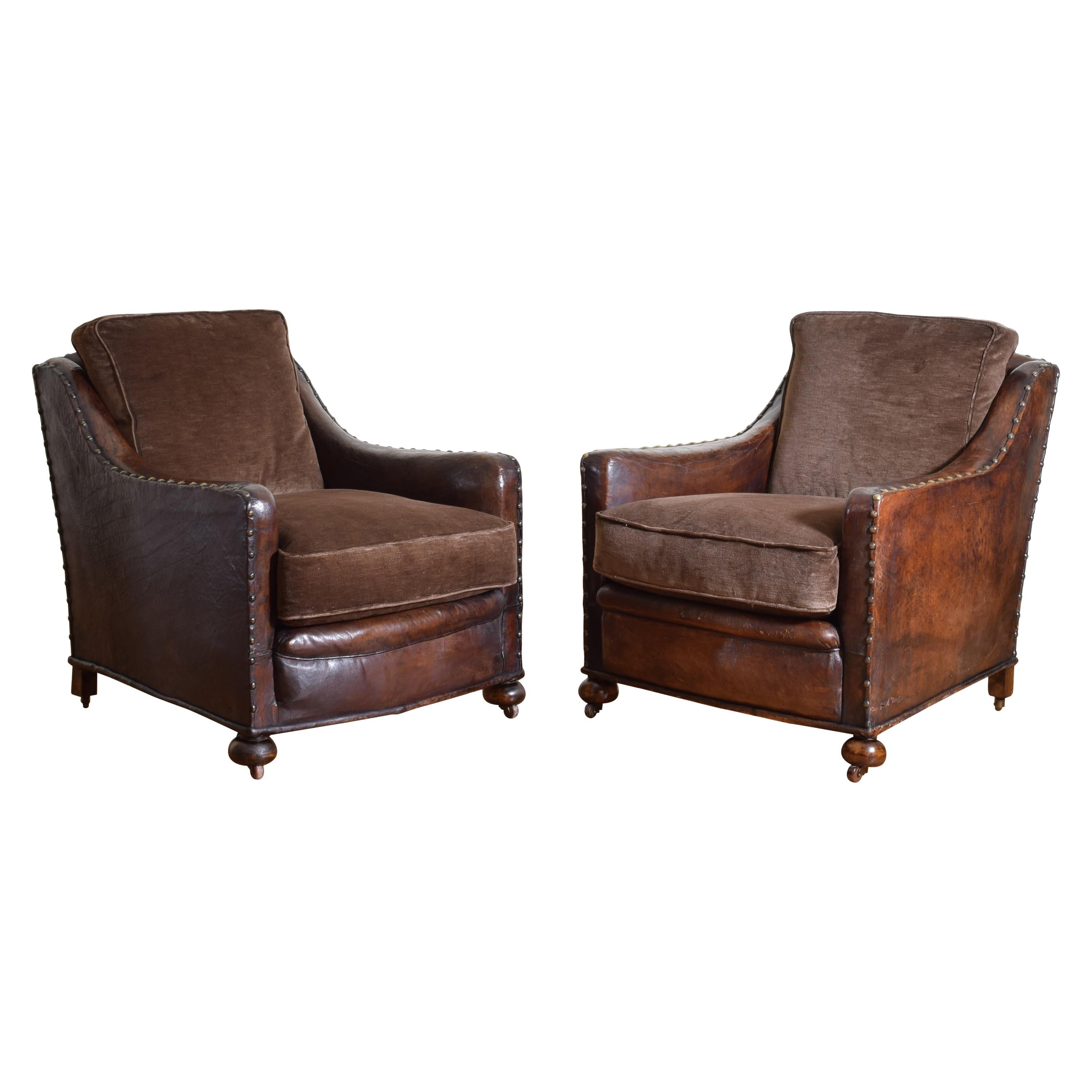 Pair of French Art Deco Period Leather and Velvet Upholstered Club Chairs