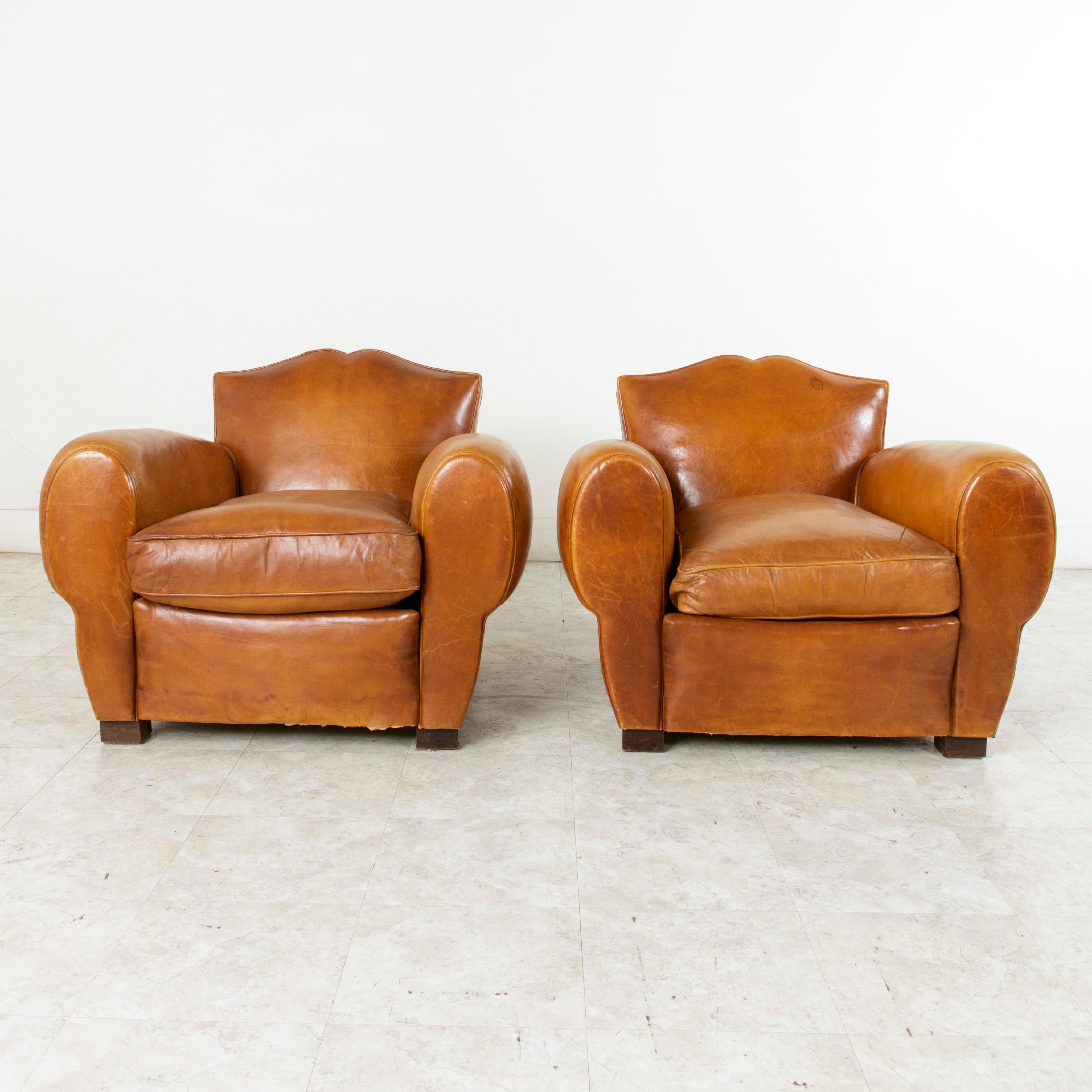 Pair of French Art Deco Leather Club Chairs, Moustache Back Club Chairs In Good Condition In Fayetteville, AR
