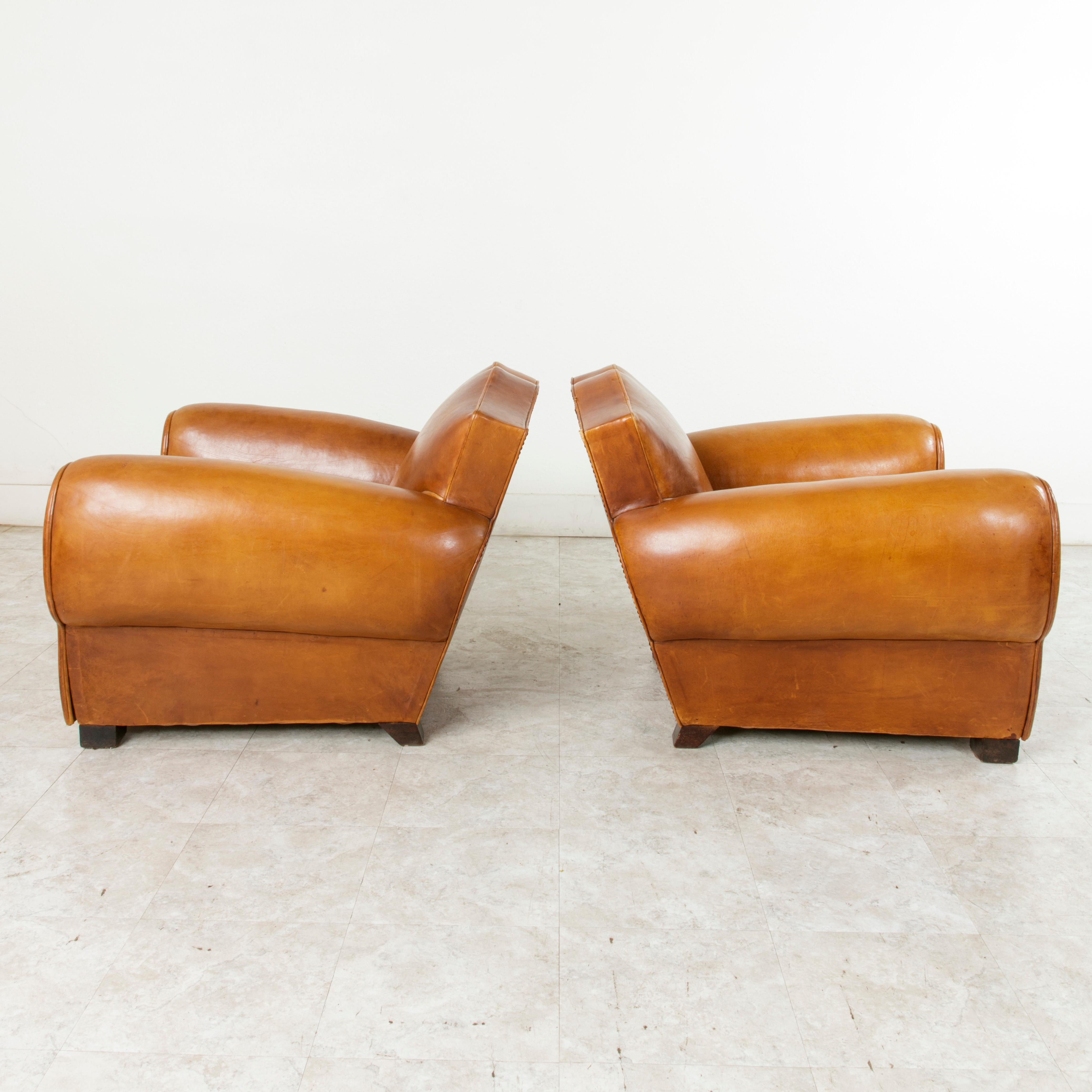 Mid-20th Century Pair of French Art Deco Leather Club Chairs, Moustache Back Club Chairs