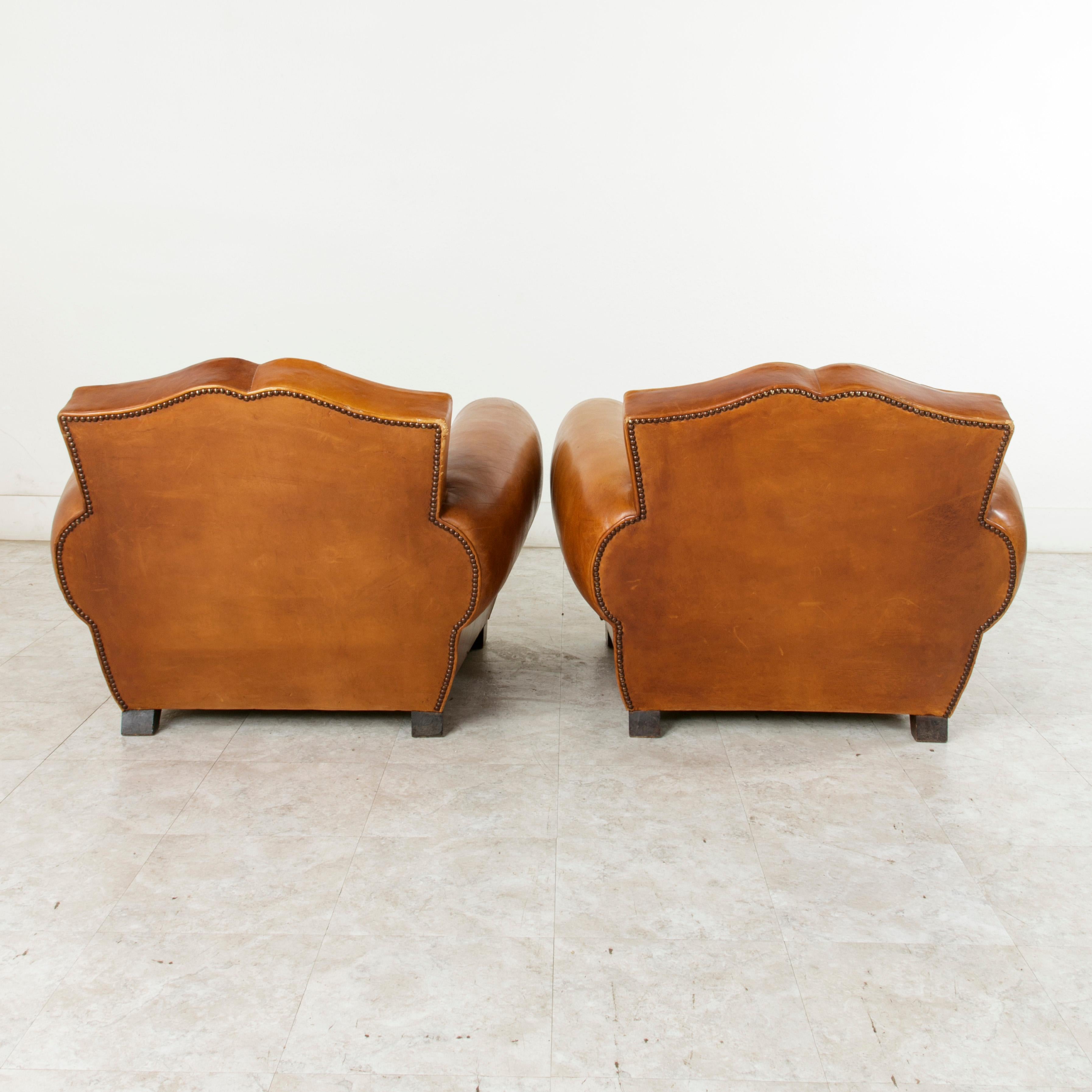 Pair of French Art Deco Leather Club Chairs, Moustache Back Club Chairs 1