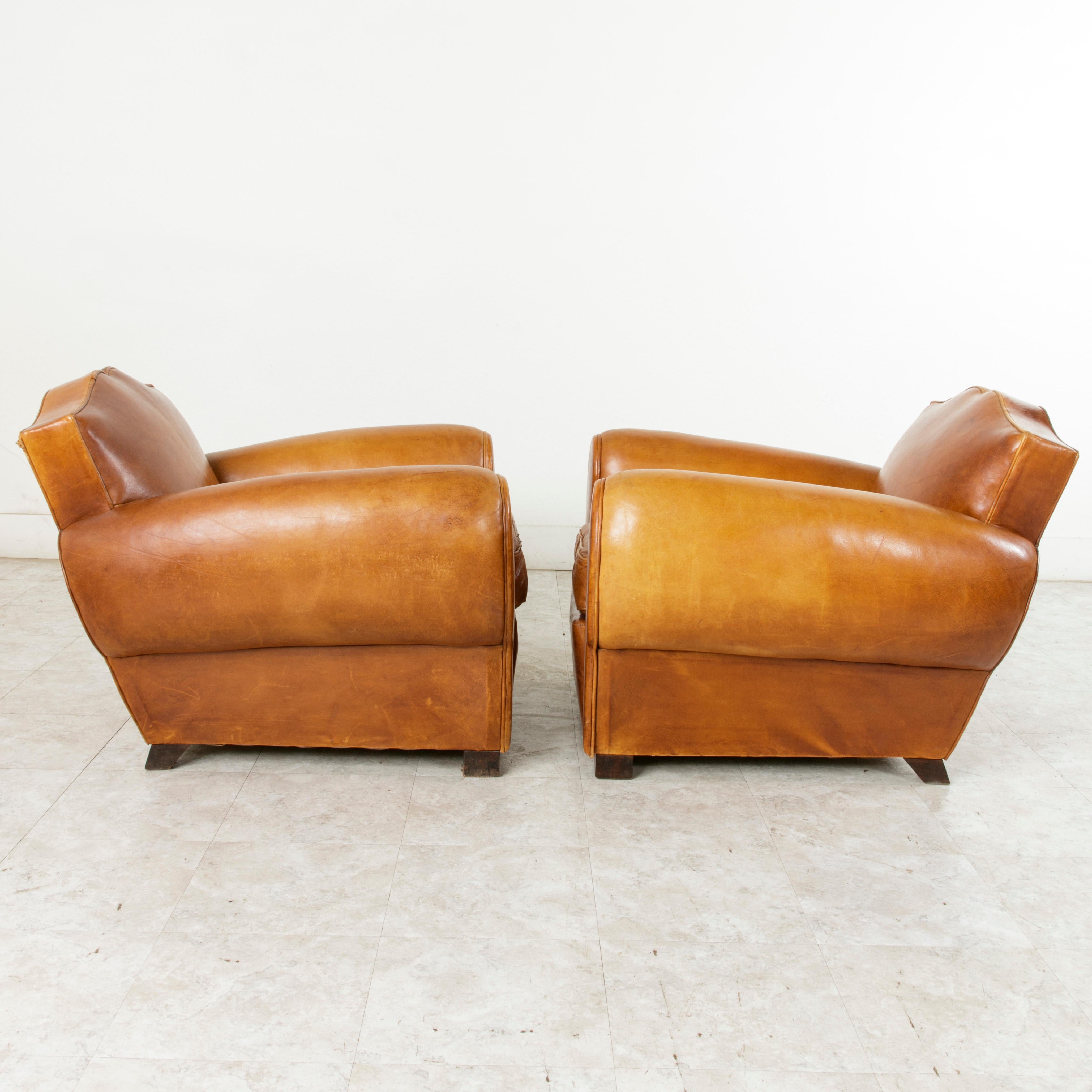 Pair of French Art Deco Leather Club Chairs, Moustache Back Club Chairs 2