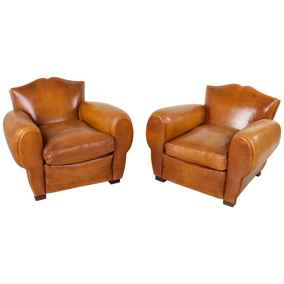 Pair of French Art Deco Leather Club Chairs, Moustache Back Club Chairs