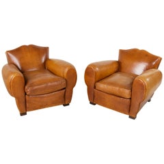 Pair of French Art Deco Leather Club Chairs, Moustache Back Club Chairs