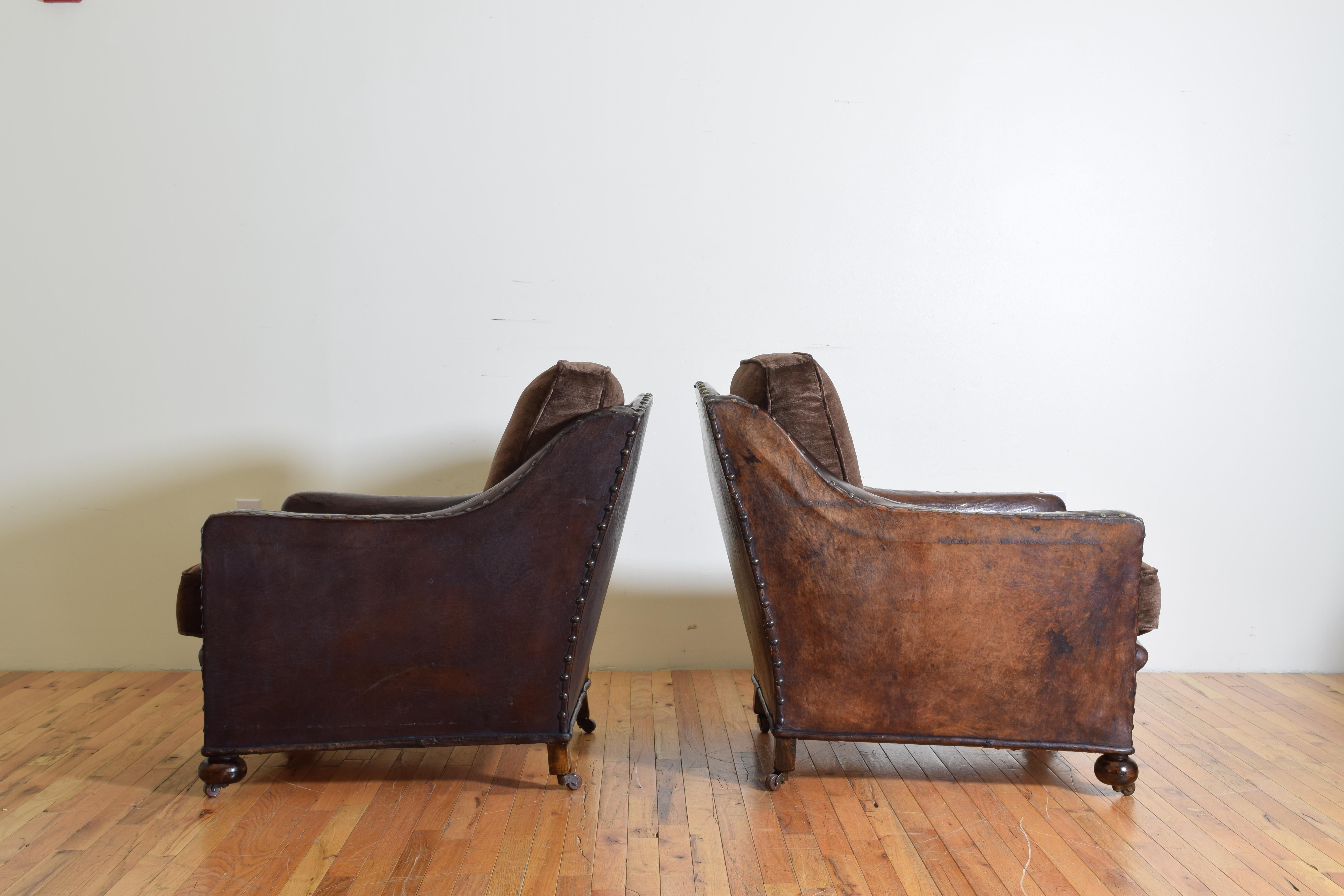 Pair of French Art Deco Period Leather and Velvet Upholstered Club Chairs 1