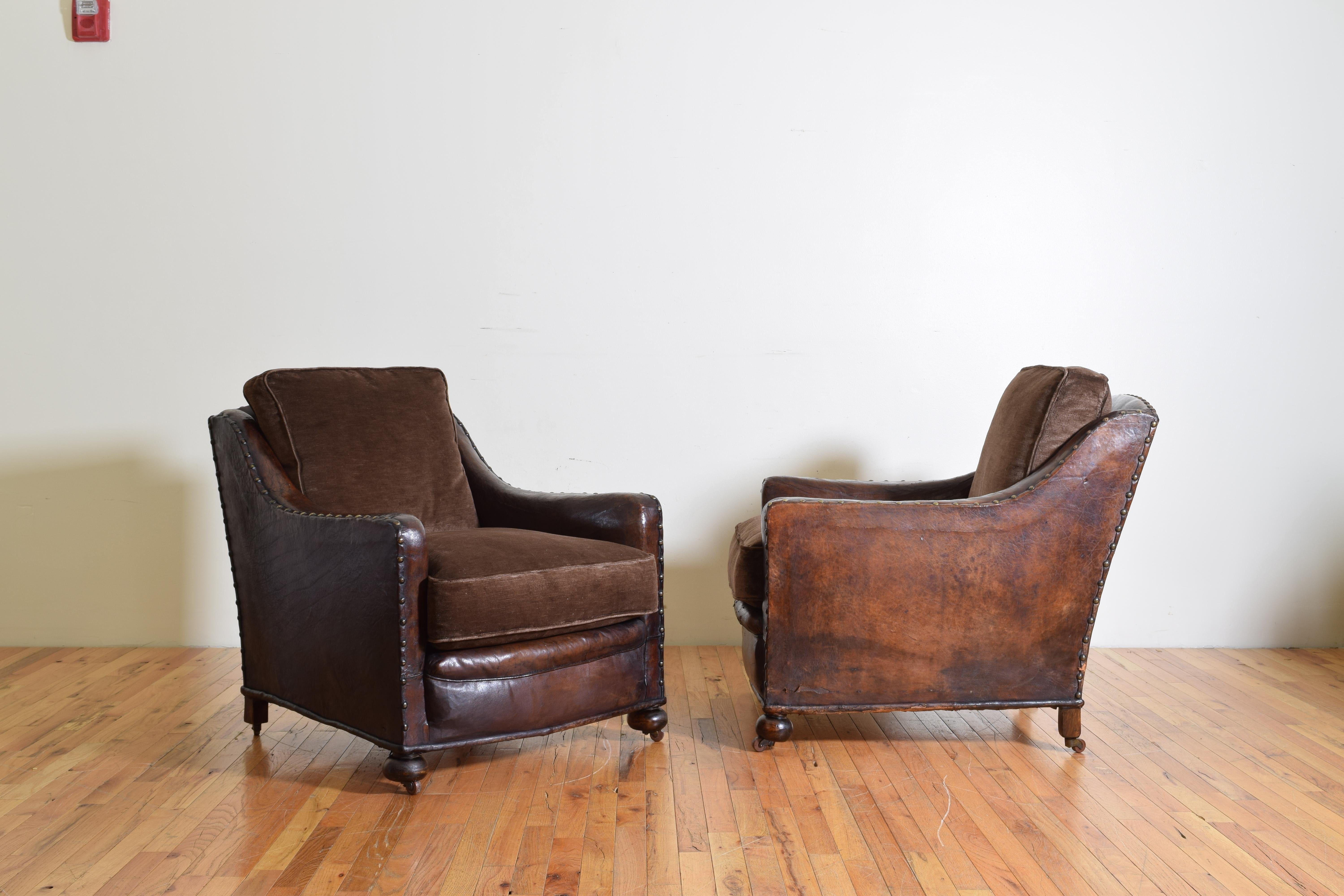 Pair of French Art Deco Period Leather and Velvet Upholstered Club Chairs In Excellent Condition In Atlanta, GA