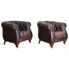 Pair of French Art Deco Period Tufted Leather Upholstered Club Chairs