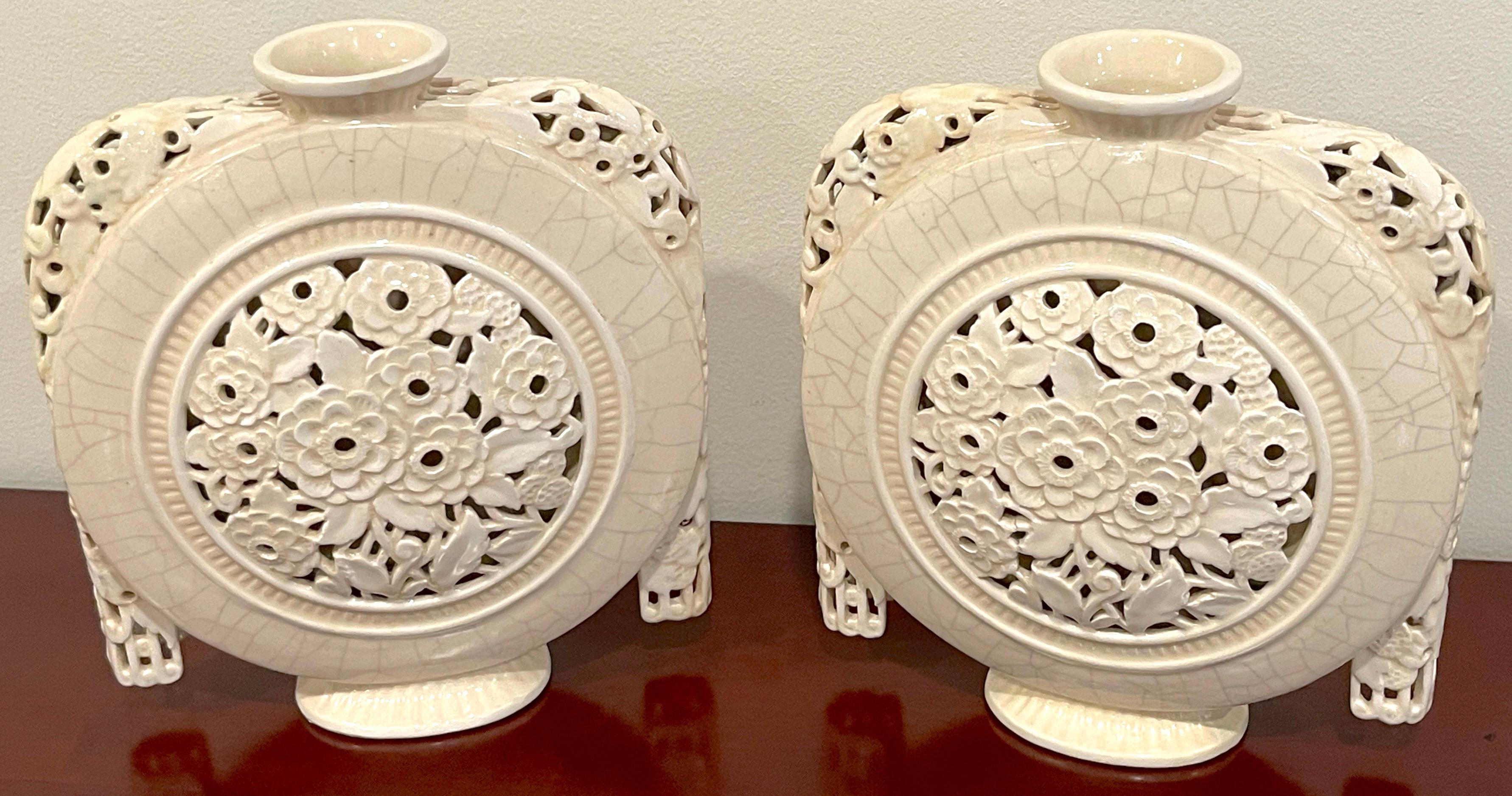 Glazed Pair of French Art Deco Pierced Moon Flask Vases by, Henri Chaumeil For Sale