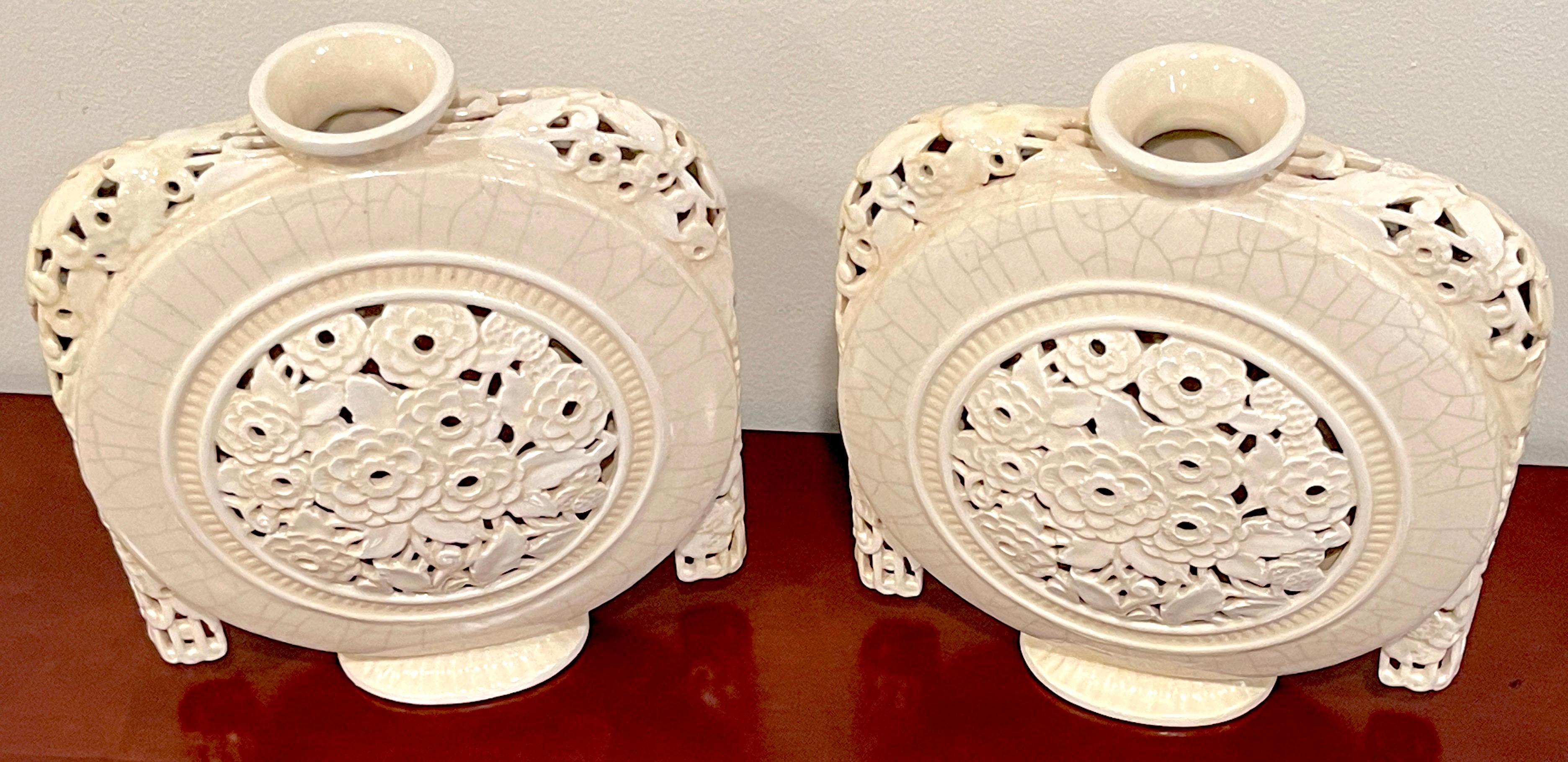 Pair of French Art Deco Pierced Moon Flask Vases by, Henri Chaumeil In Good Condition For Sale In West Palm Beach, FL