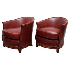Pair of French Art Deco Red Leather Club Chairs