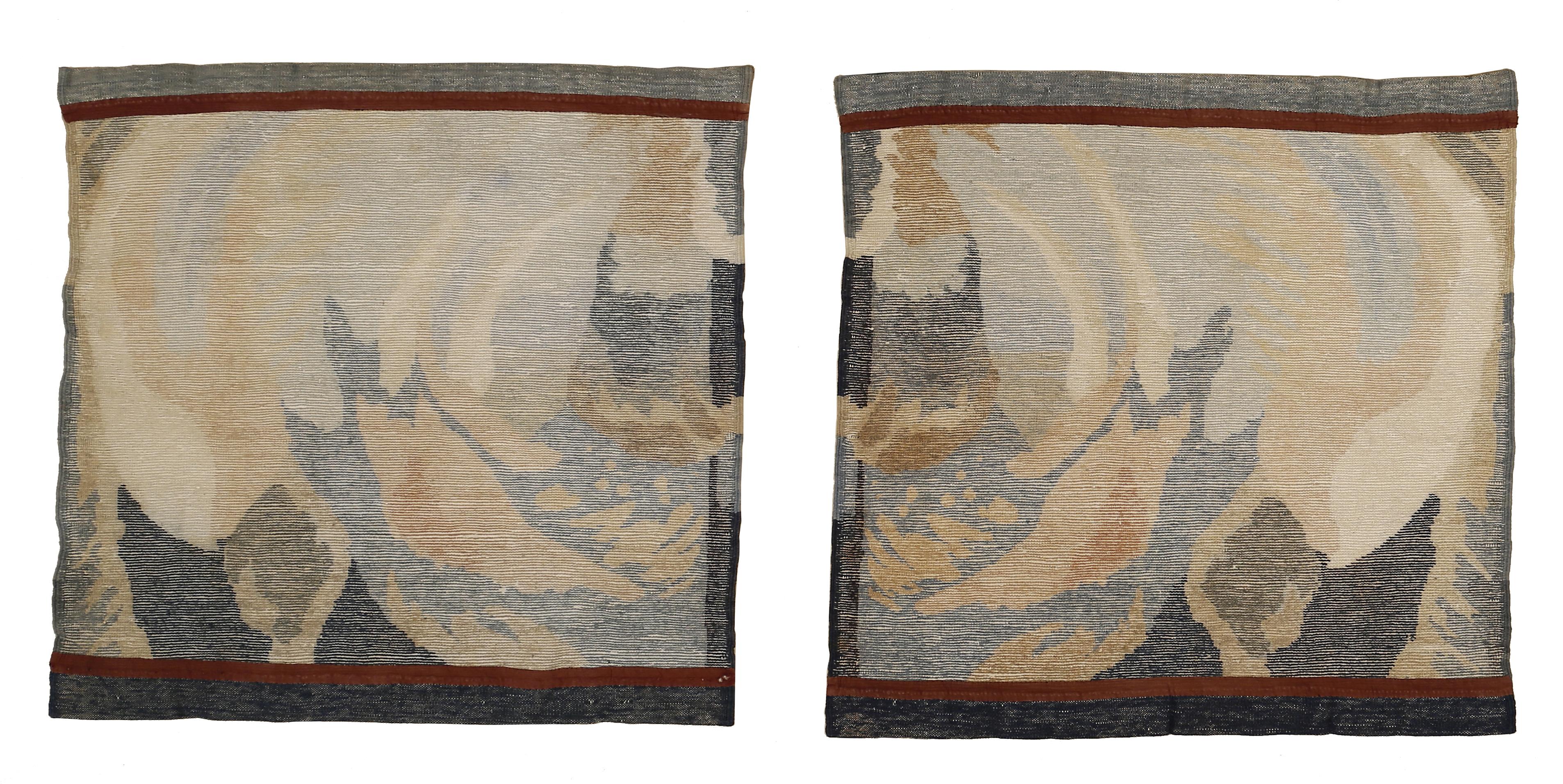An extremely rare Art Deco rug designed in 1925 by Jean Burkhalter and commissioned by Pierre Chareau for a seaside mansion on the island of Corsica. This pair, which is in mint condition, is part of a suite of five pieces, each crafted fit into