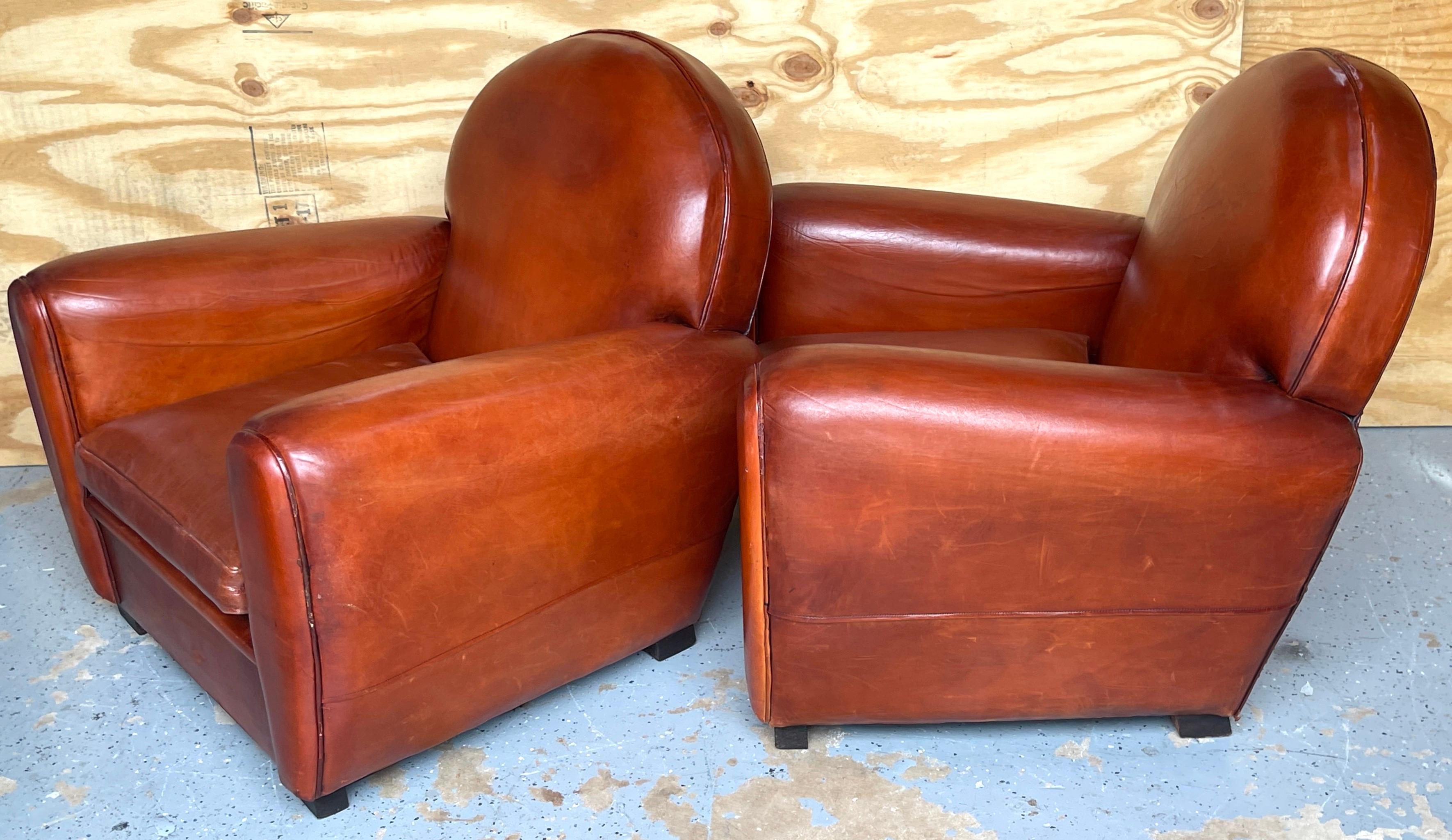 Pair of French Art Deco Saddle Leather Chairs For Sale 5