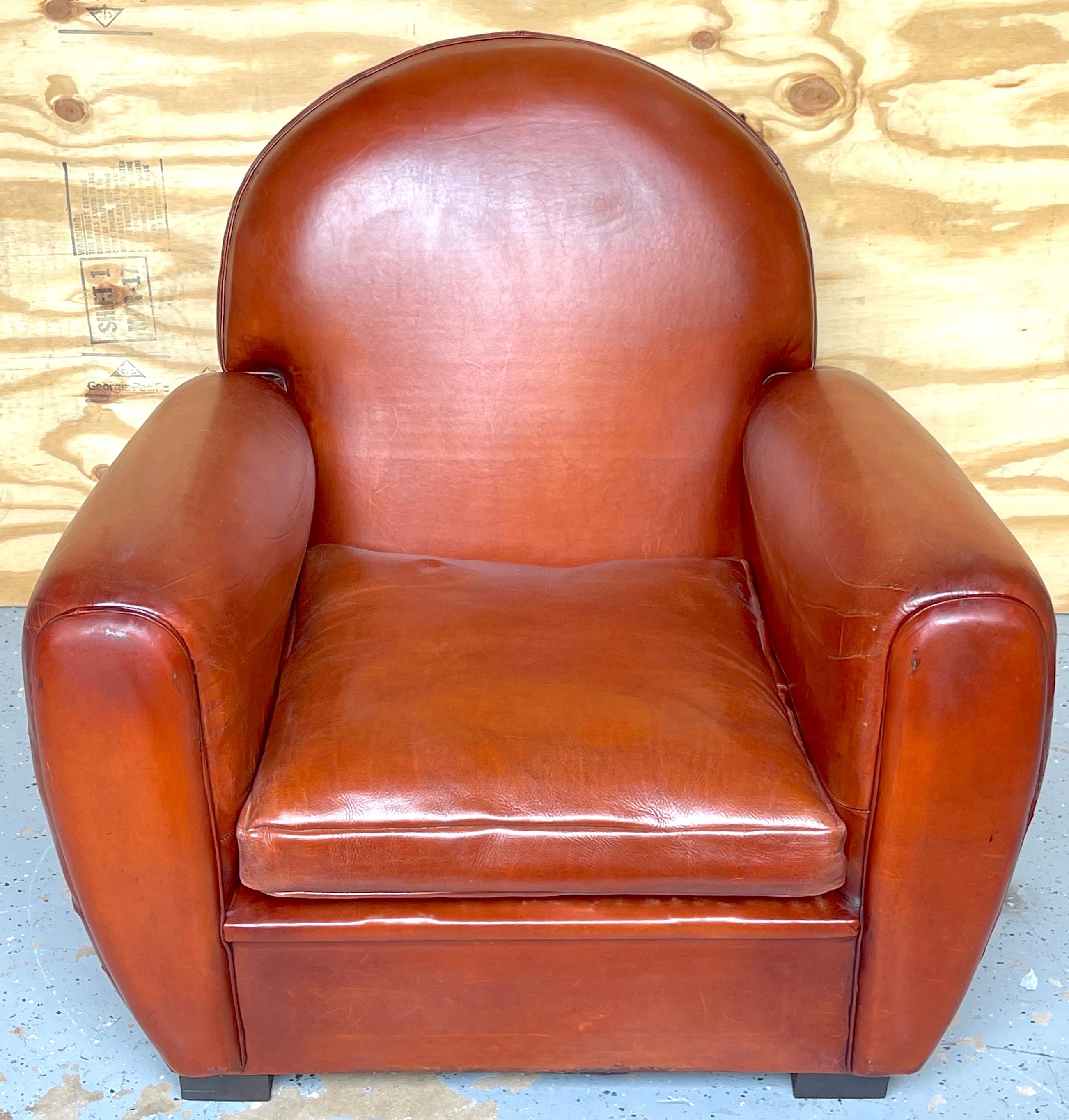 Pair of French Art Deco Saddle Leather Chairs For Sale 6