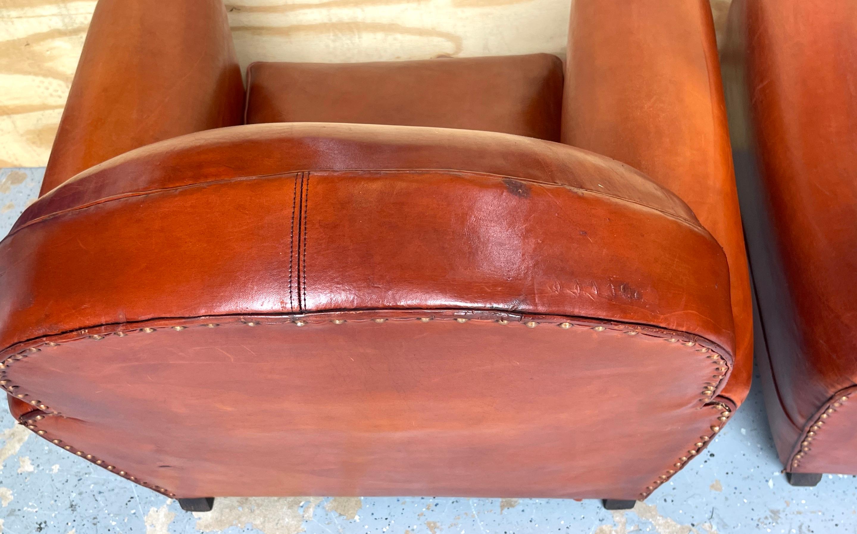 Pair of French Art Deco Saddle Leather Chairs For Sale 8