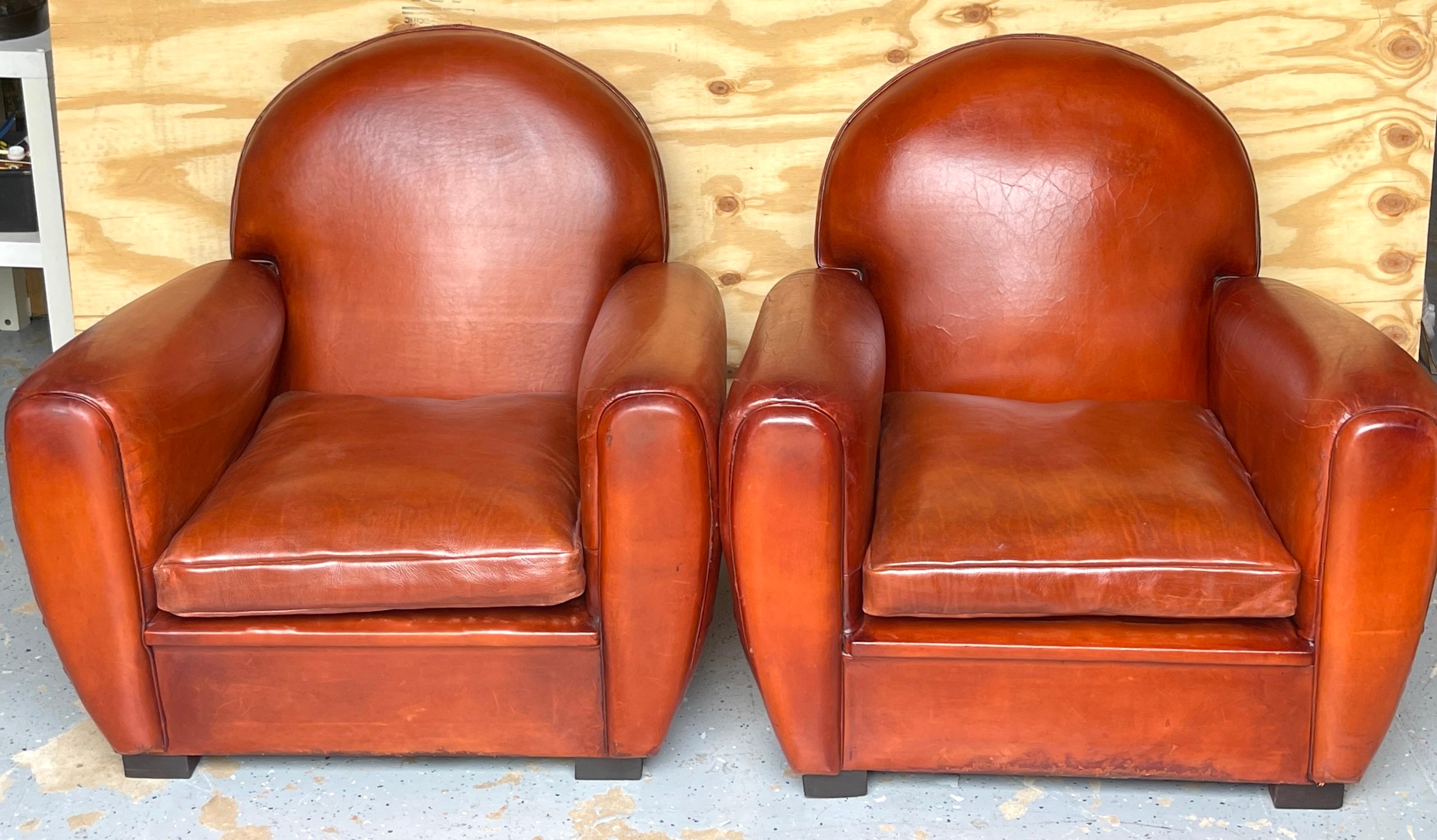 Ebonized Pair of French Art Deco Saddle Leather Chairs For Sale