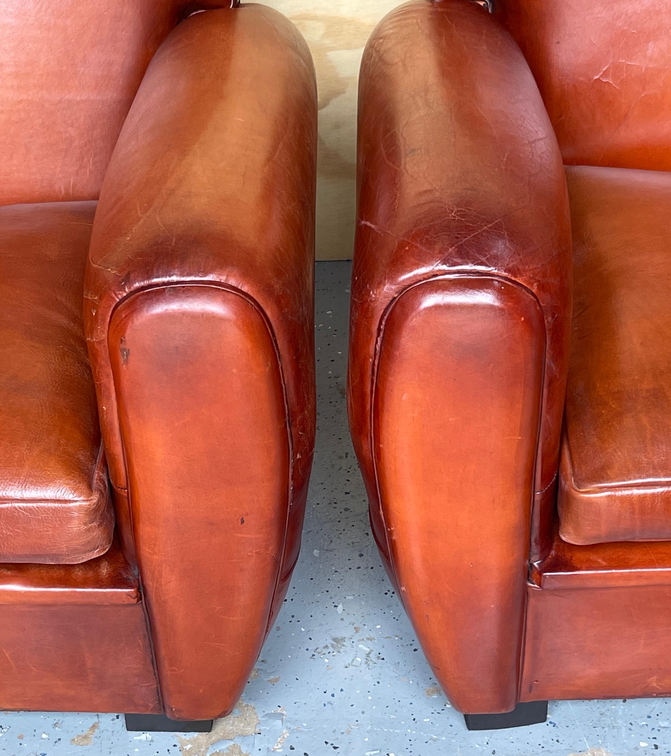 Pair of French Art Deco Saddle Leather Chairs In Good Condition For Sale In West Palm Beach, FL