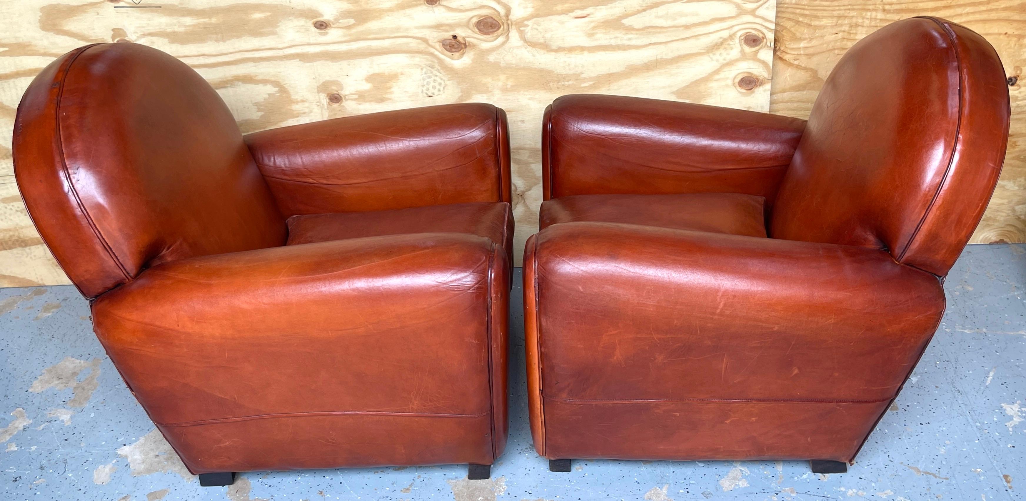 20th Century Pair of French Art Deco Saddle Leather Chairs For Sale