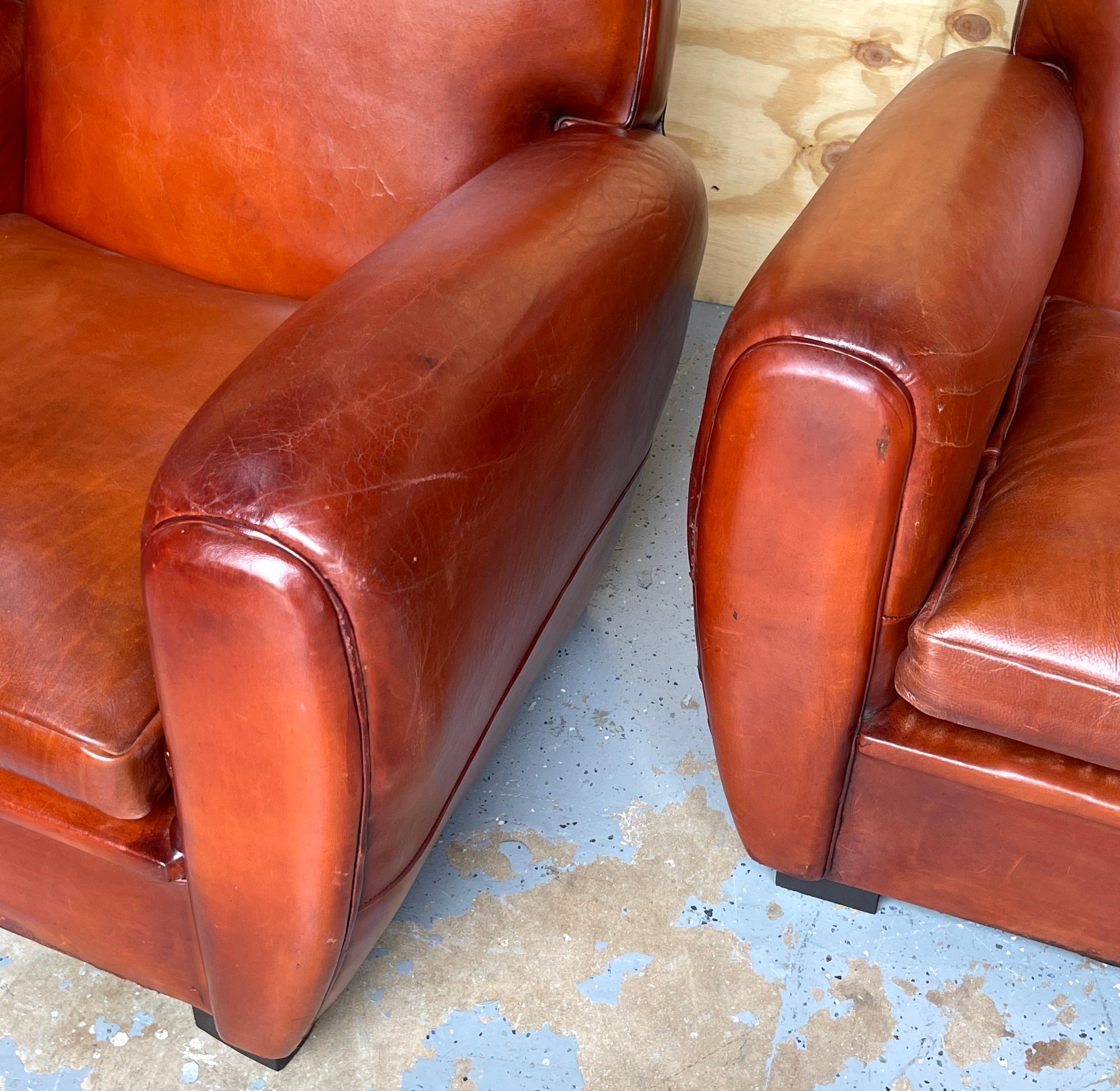 Pair of French Art Deco Saddle Leather Chairs For Sale 1