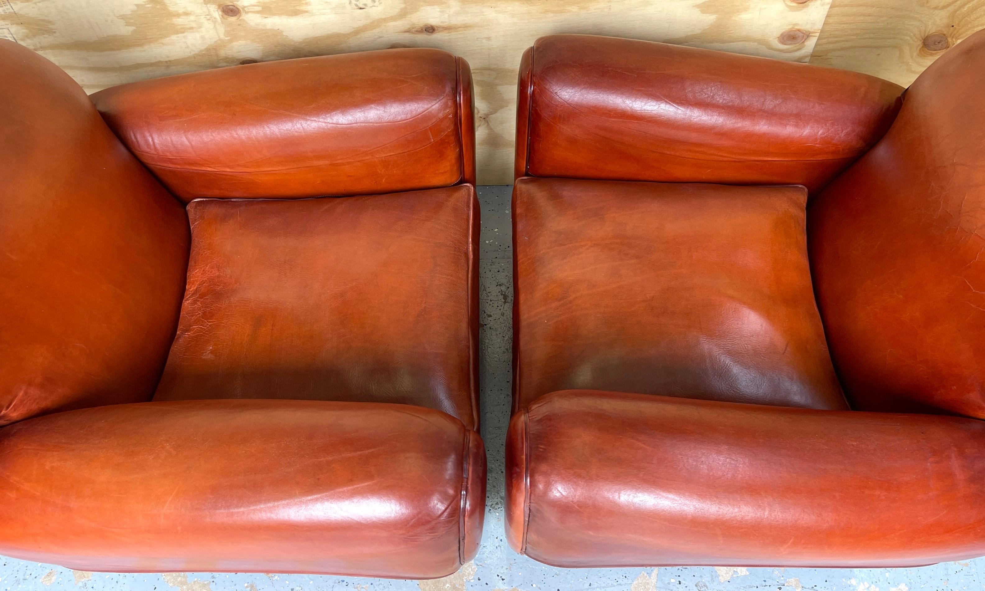 Pair of French Art Deco Saddle Leather Chairs For Sale 2