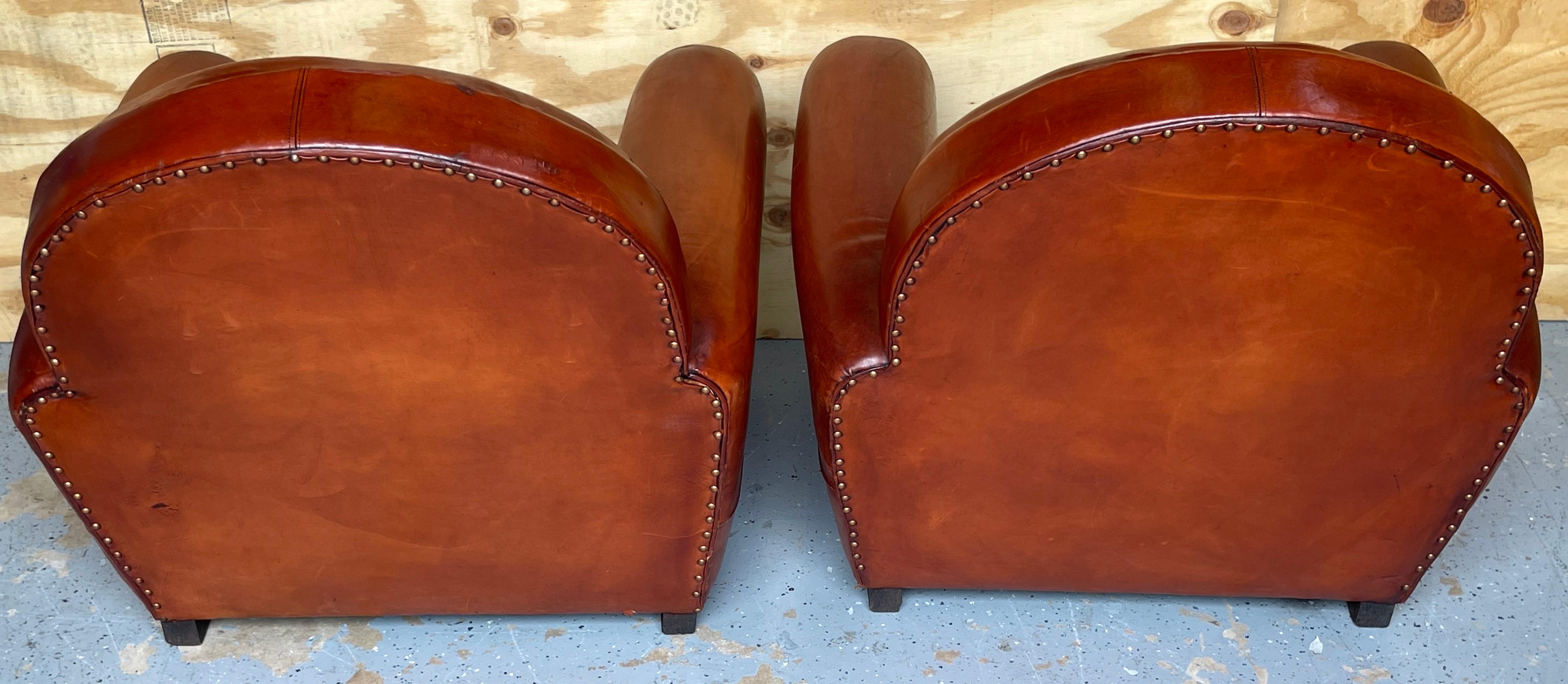 Pair of French Art Deco Saddle Leather Chairs For Sale 3
