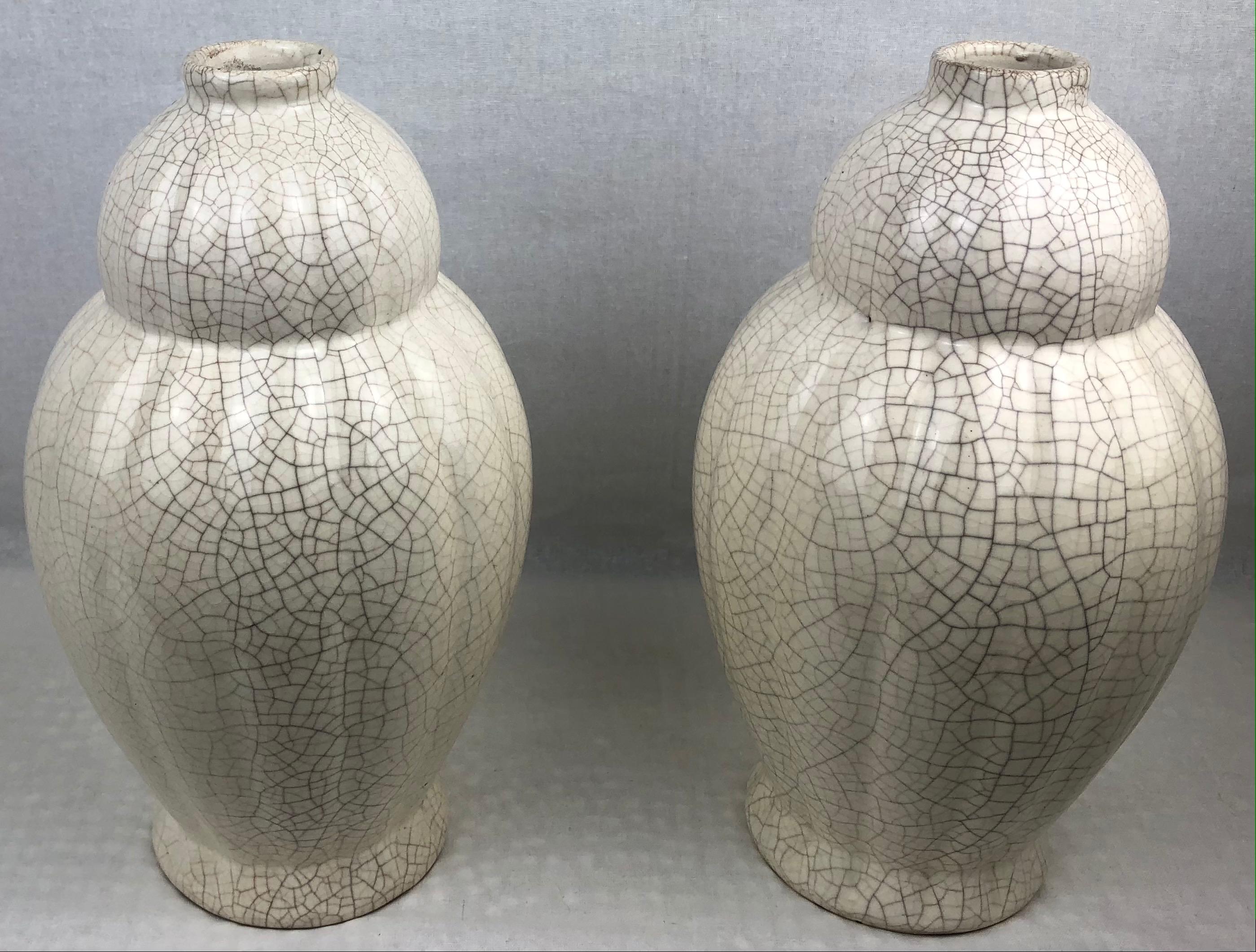 Mid-20th Century Pair of French Art Deco Saint Clement Crackle Ceramic Vases