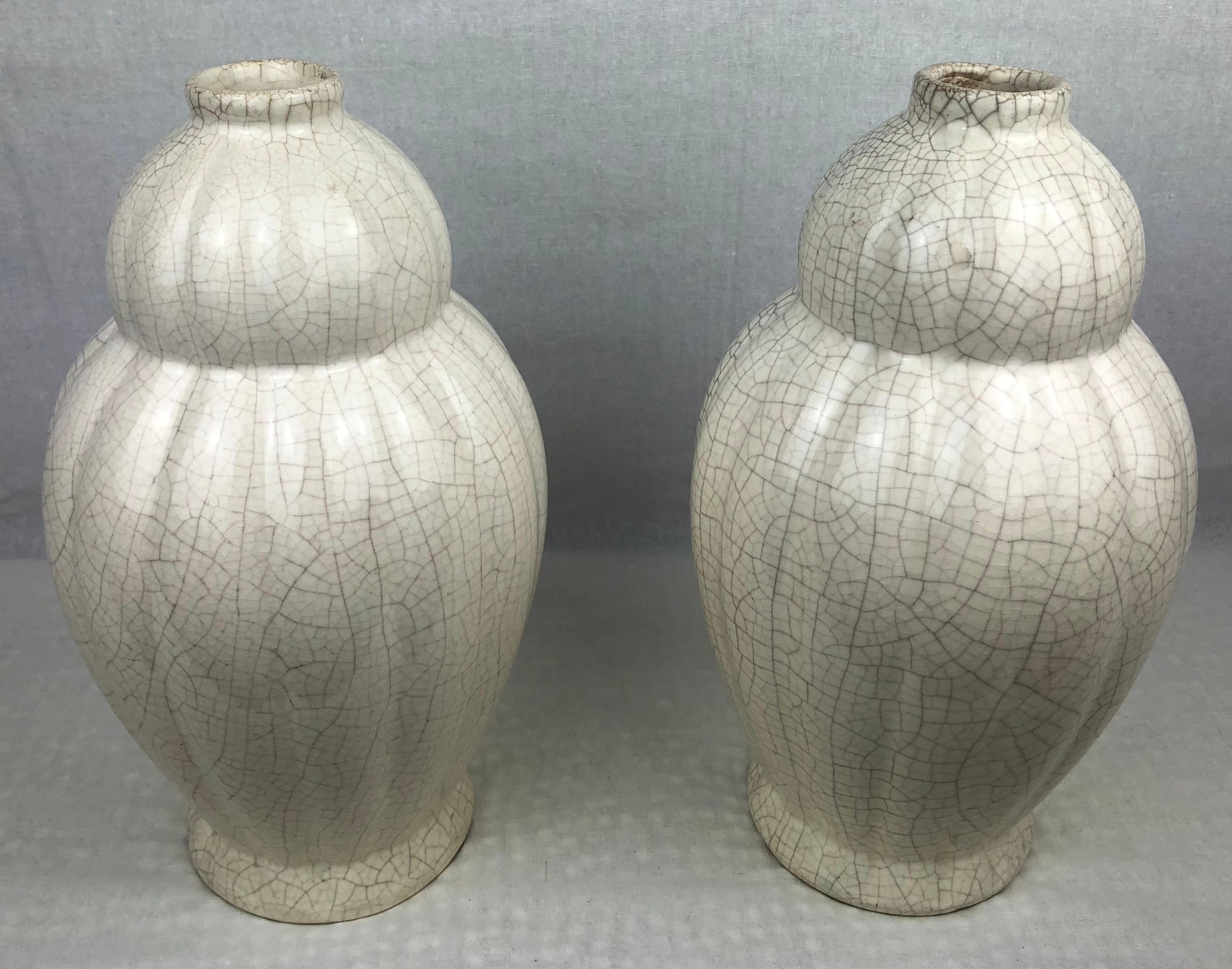 Pair of French Art Deco Saint Clement Crackle Ceramic Vases 1