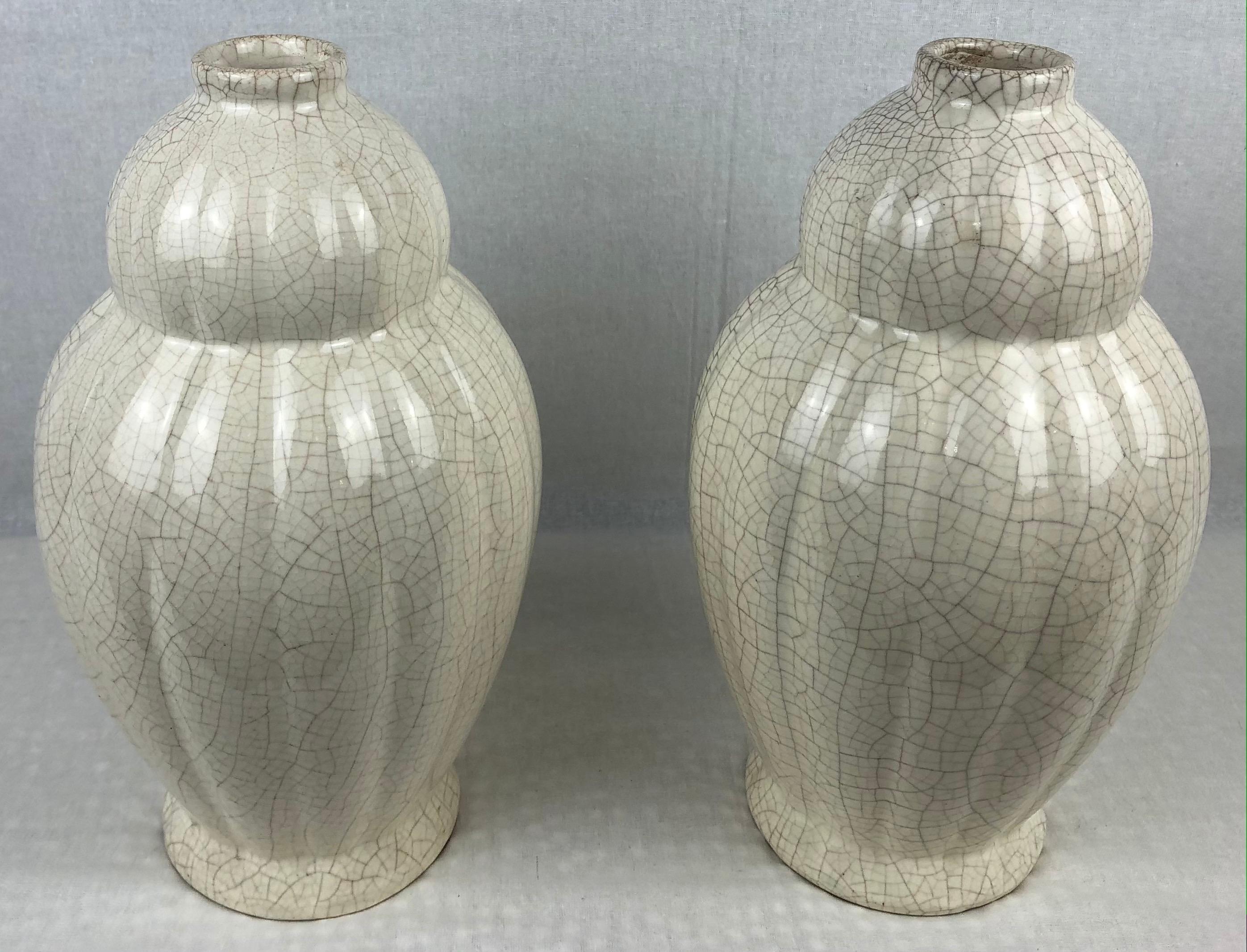 Pair of French Art Deco Saint Clement Crackle Ceramic Vases 3