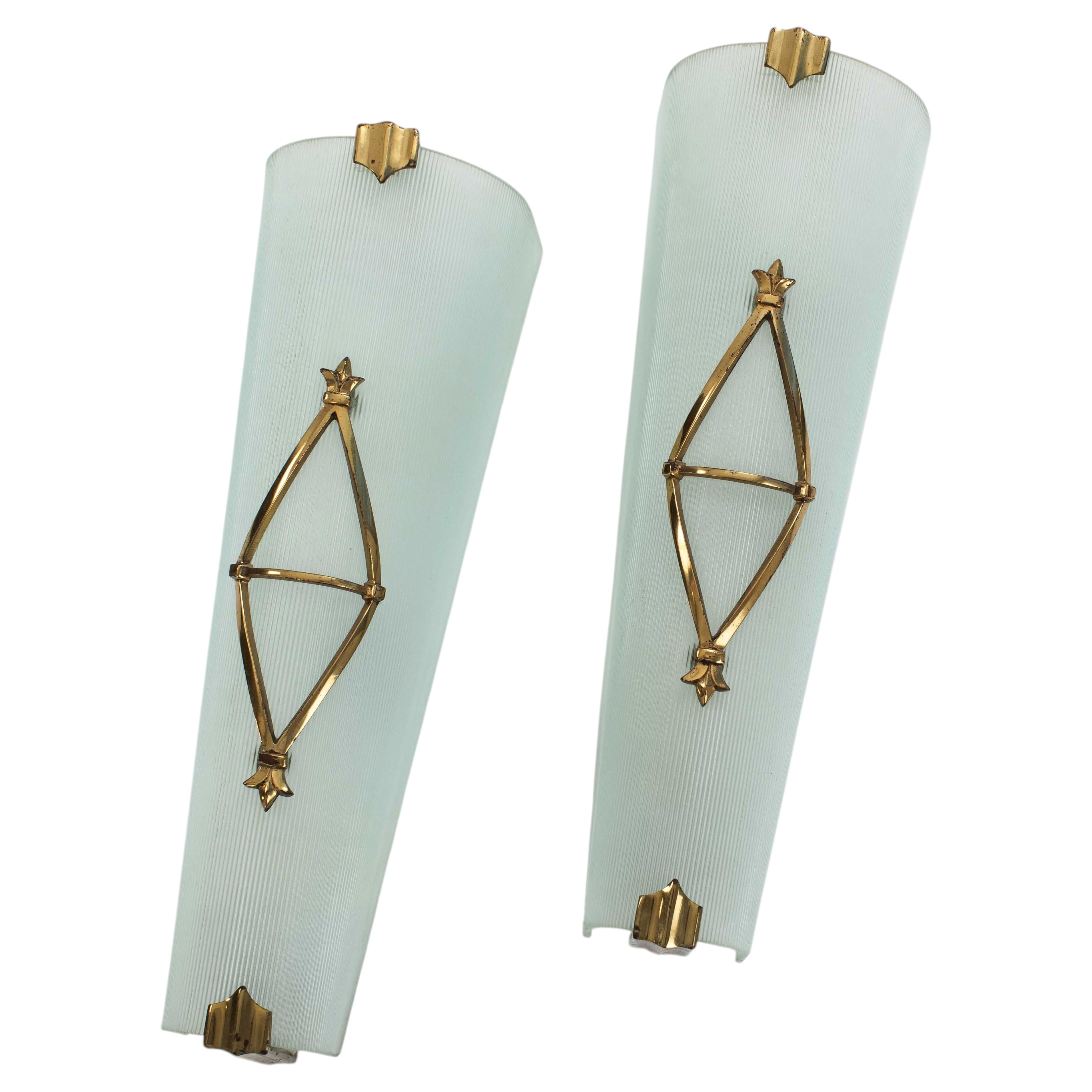 Pair of French Art Déco Satin Glass Wall Sconces by Atelier Petitot, Paris 1930s