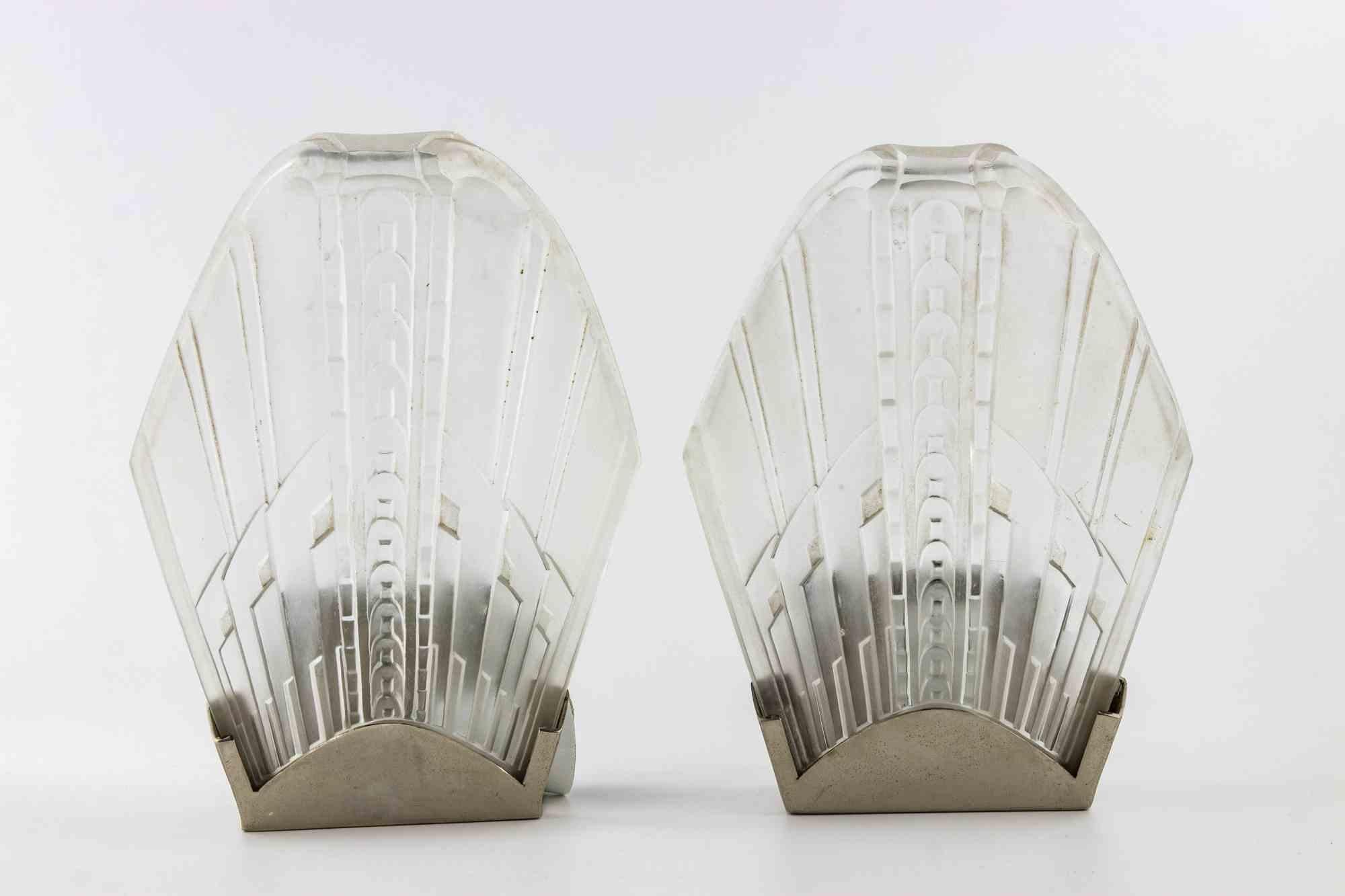 Metal Pair of French Art Deco Sconces, 1940s For Sale
