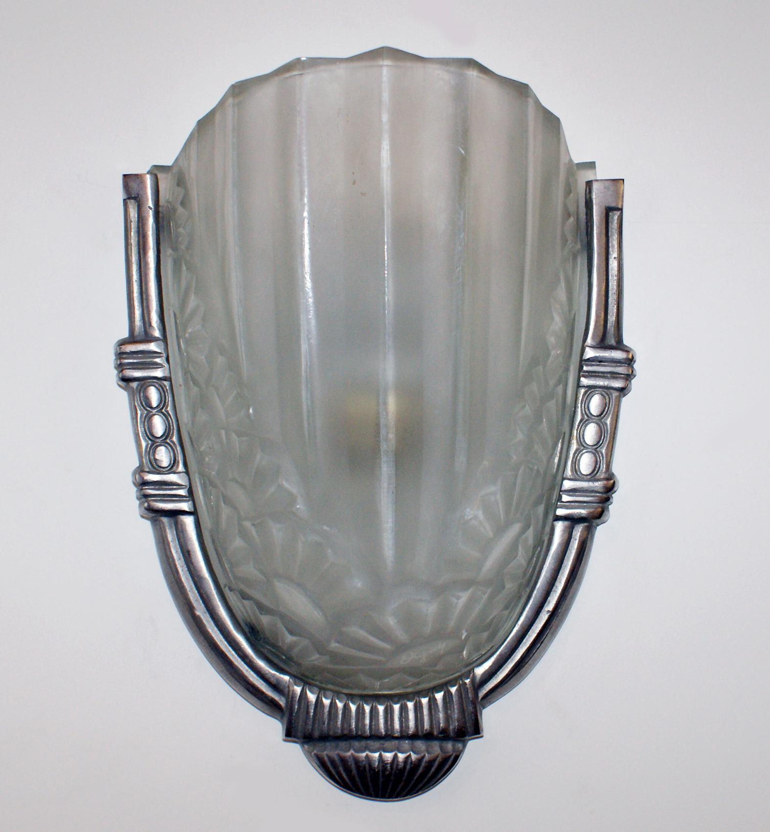Frosted Pair of French Art Deco Sconces Signed “Degué”