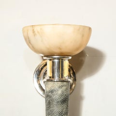 Pair of French Art Deco Shagreen and Alabaster Sconces with Nickel Fittings