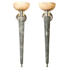 Pair of French Art Deco Shagreen and Alabaster Sconces with Nickel Fittings