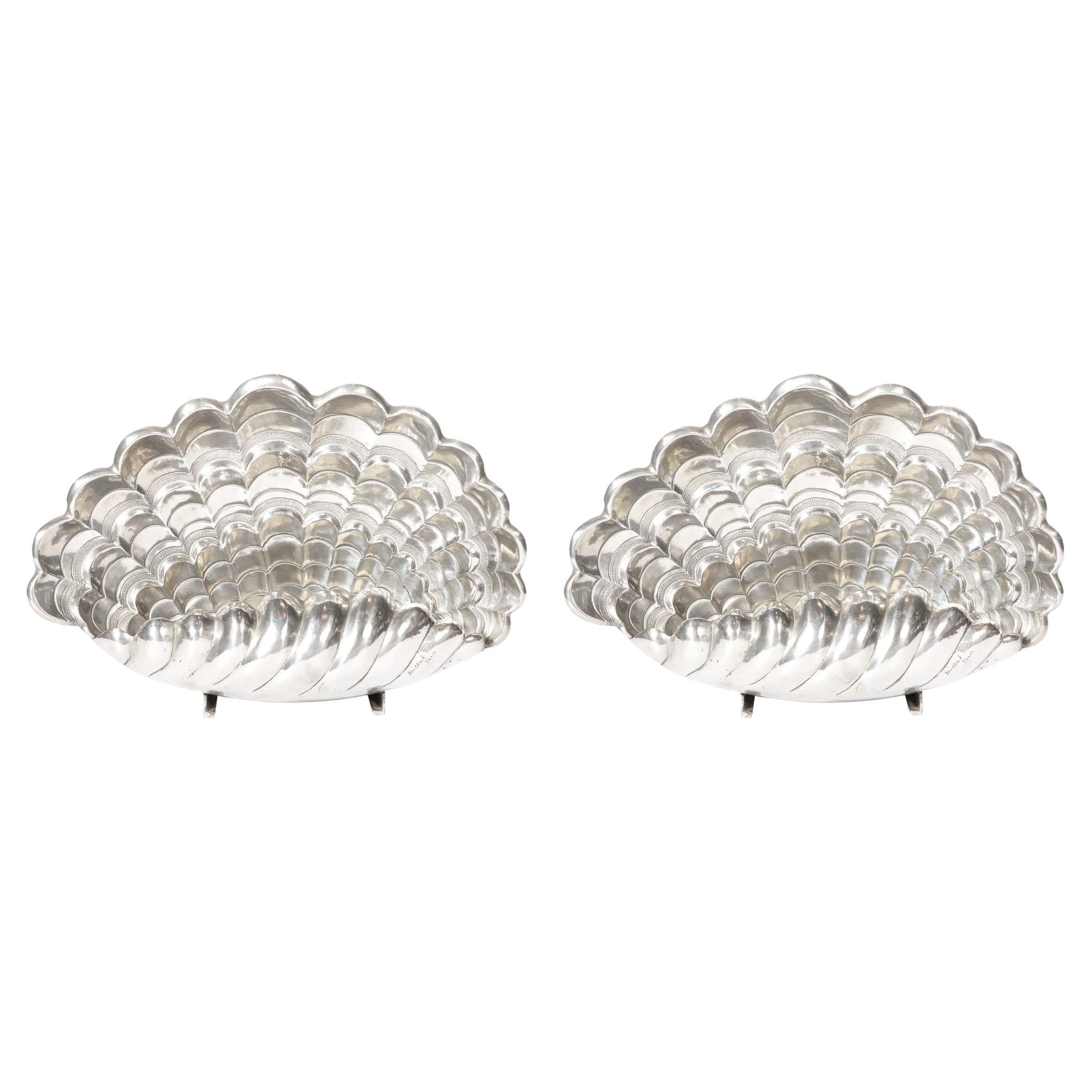 Pair of French Art Deco Shell Lamps in Polished Pewter by Vincent Garnier