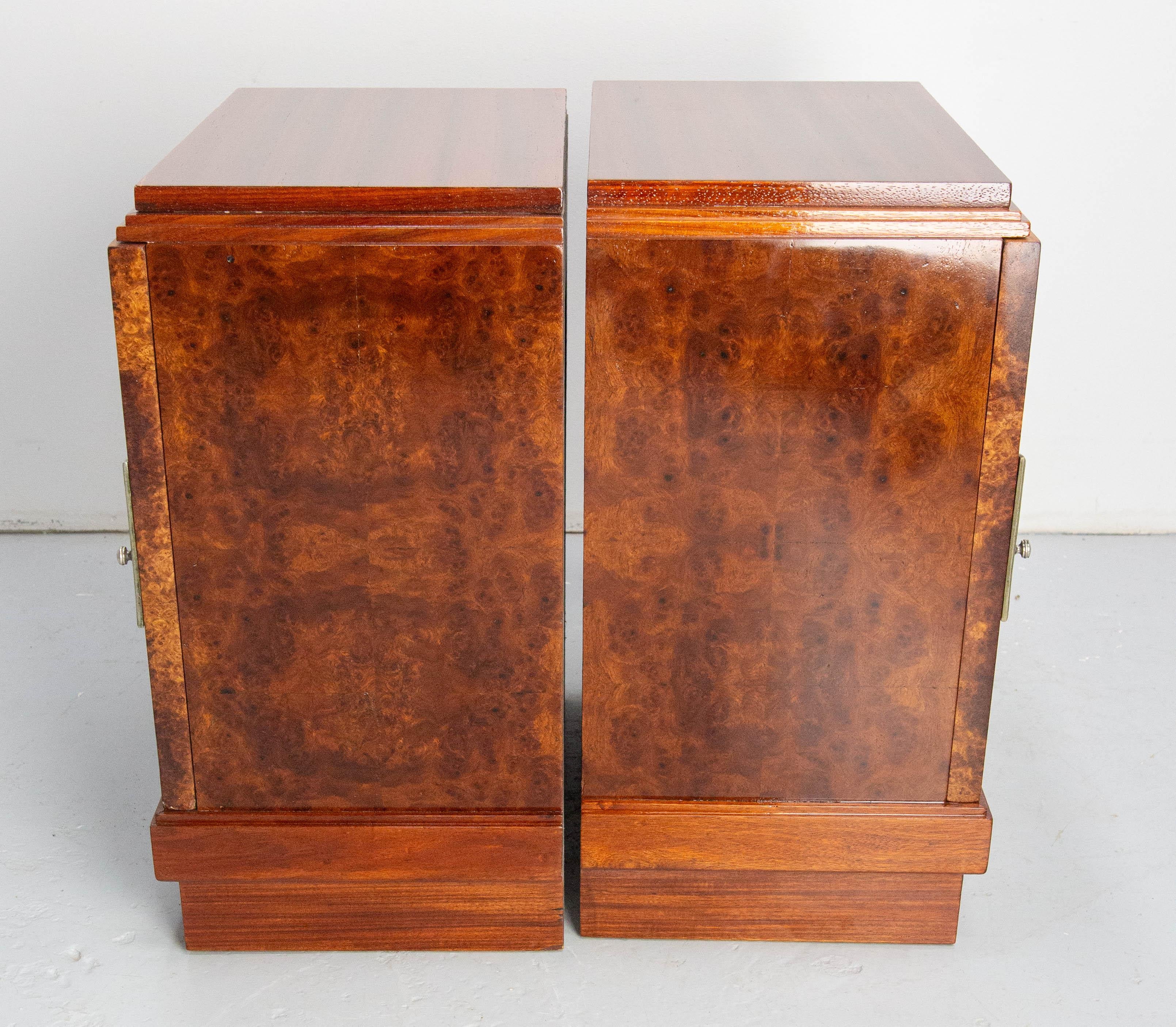 Aluminum Pair of French Art Deco Side Cabinets Cedar Burl Nightstands Bedside Tables