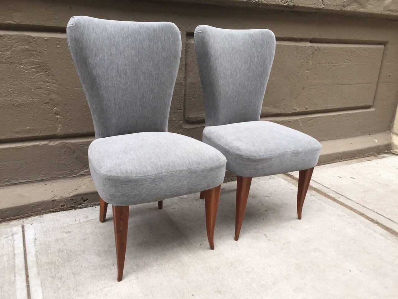 Pair of French Art Deco side chairs in mohair with walnut legs. Jacques Adnet Style. 
  