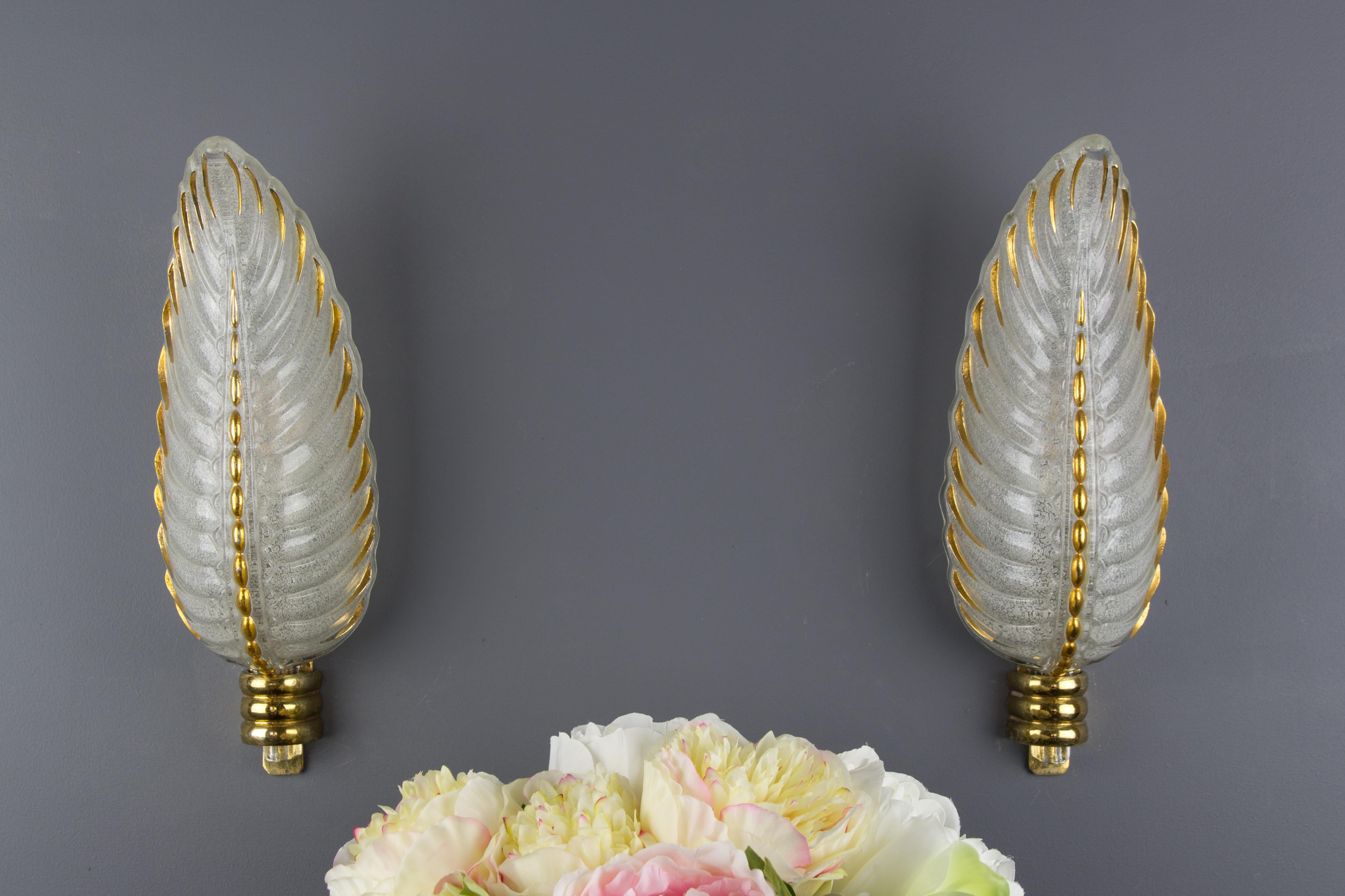 Frosted Pair of French Art Deco Signed Glass and Bronze Sconces by Ezan and Petitot