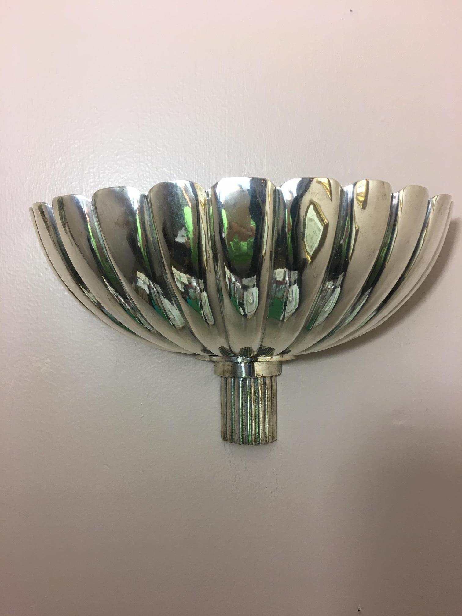 Pair of French Art Deco Silver Wall Sconces, Mid-20th Century In Good Condition In Savannah, GA