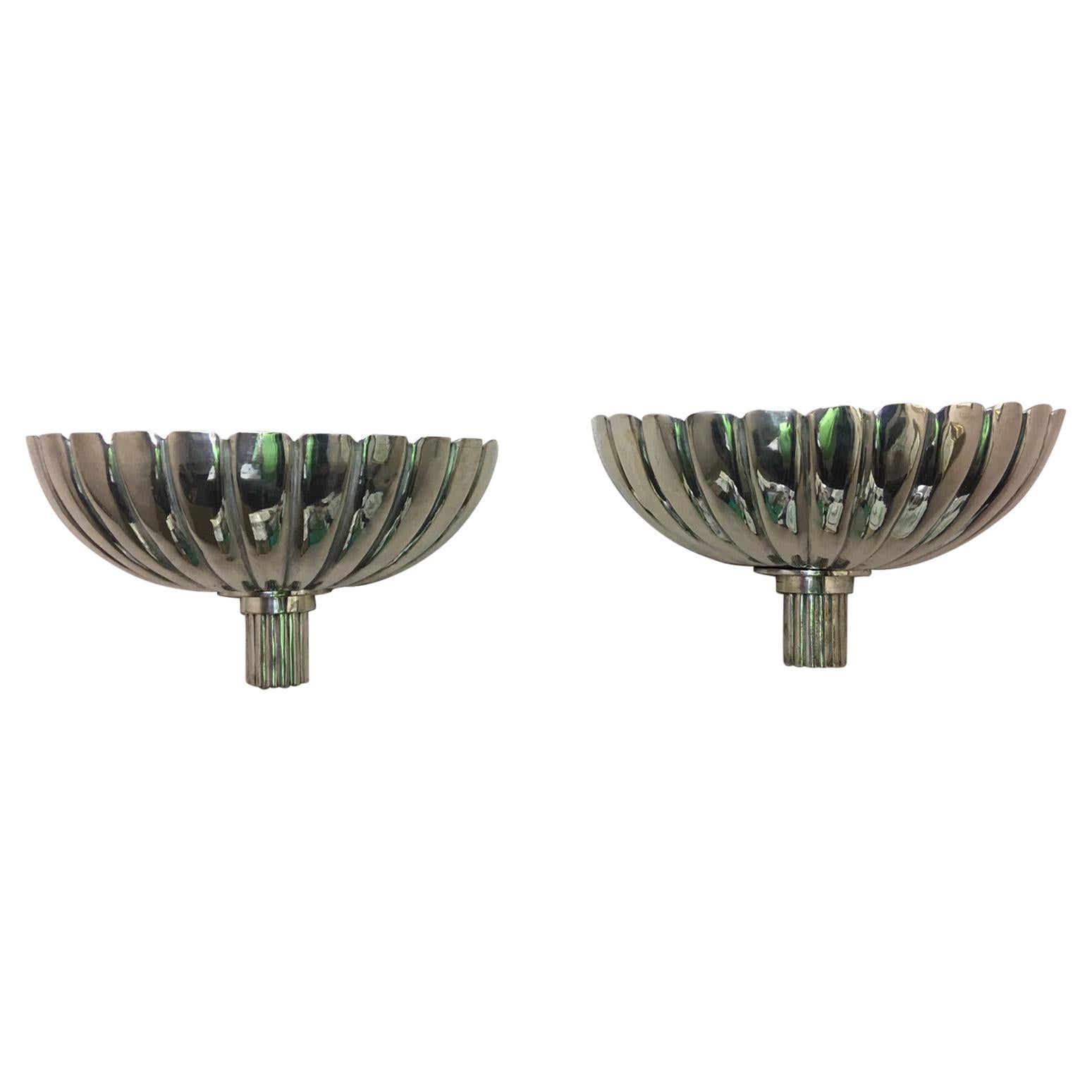Pair of French Art Deco Silver Wall Sconces, Mid-20th Century