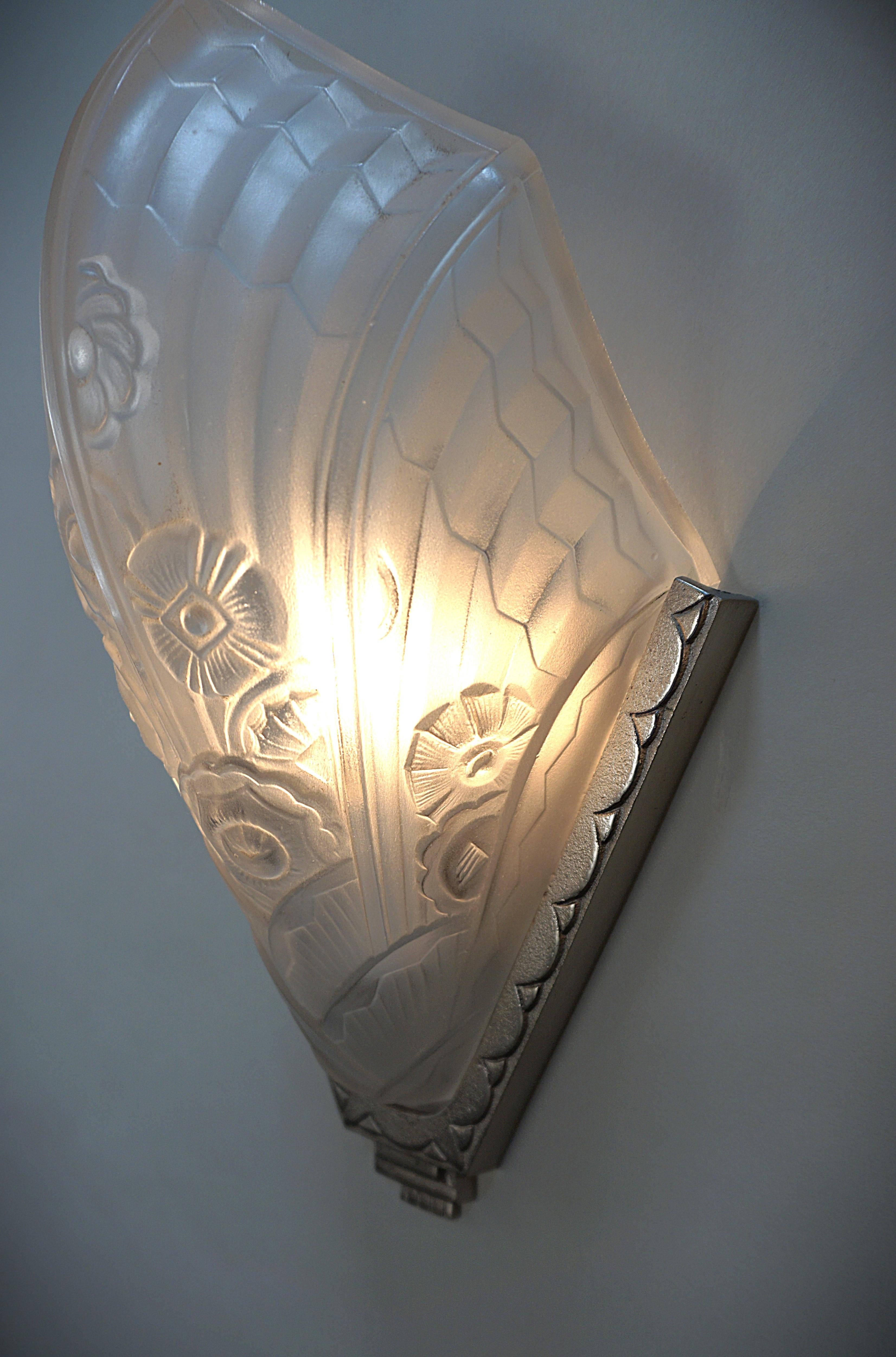 Early 20th Century Pair of French Art Deco Slip Shade Wall Sconces #2