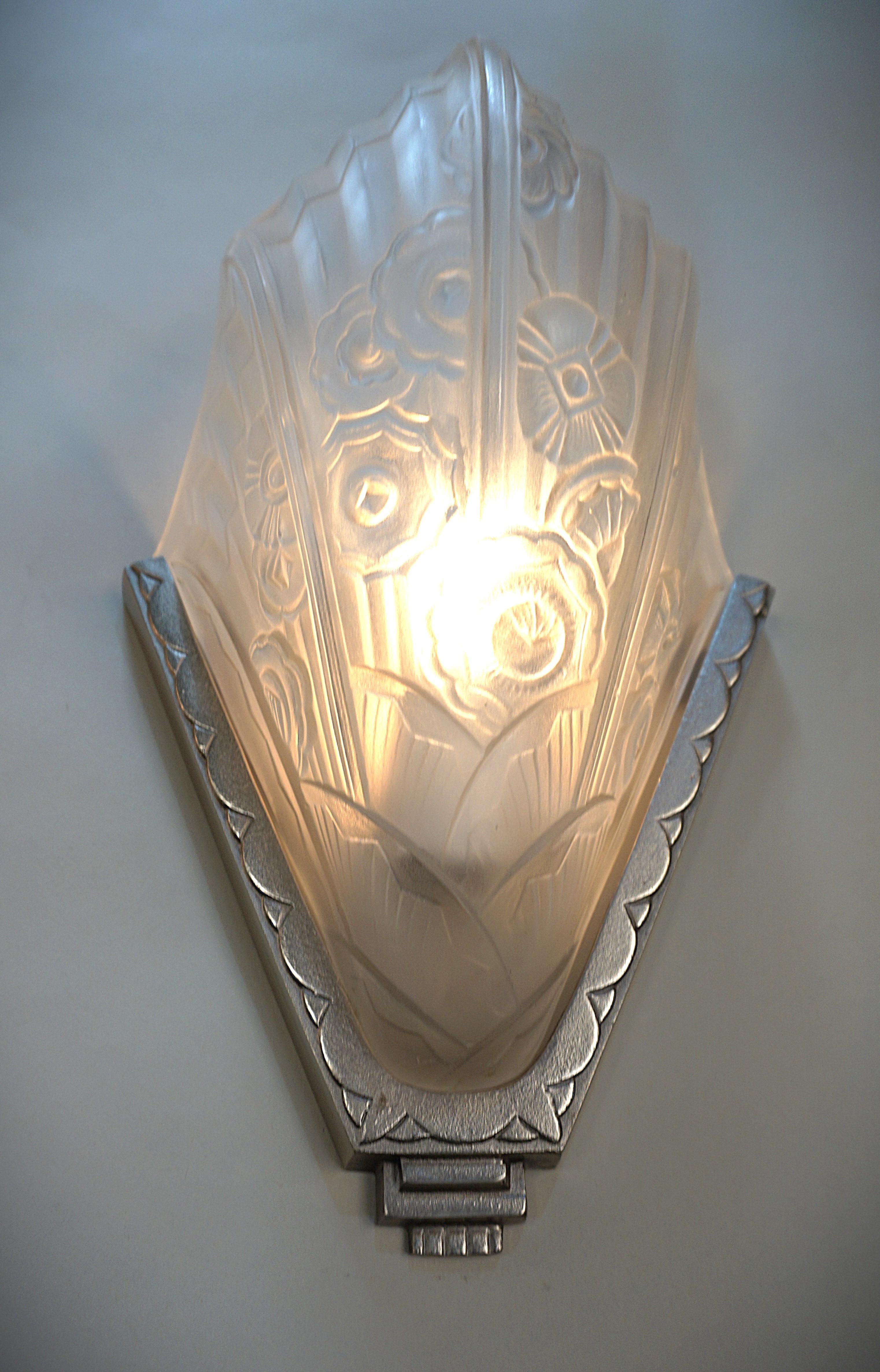 Glass Pair of French Art Deco Slip Shade Wall Sconces #2
