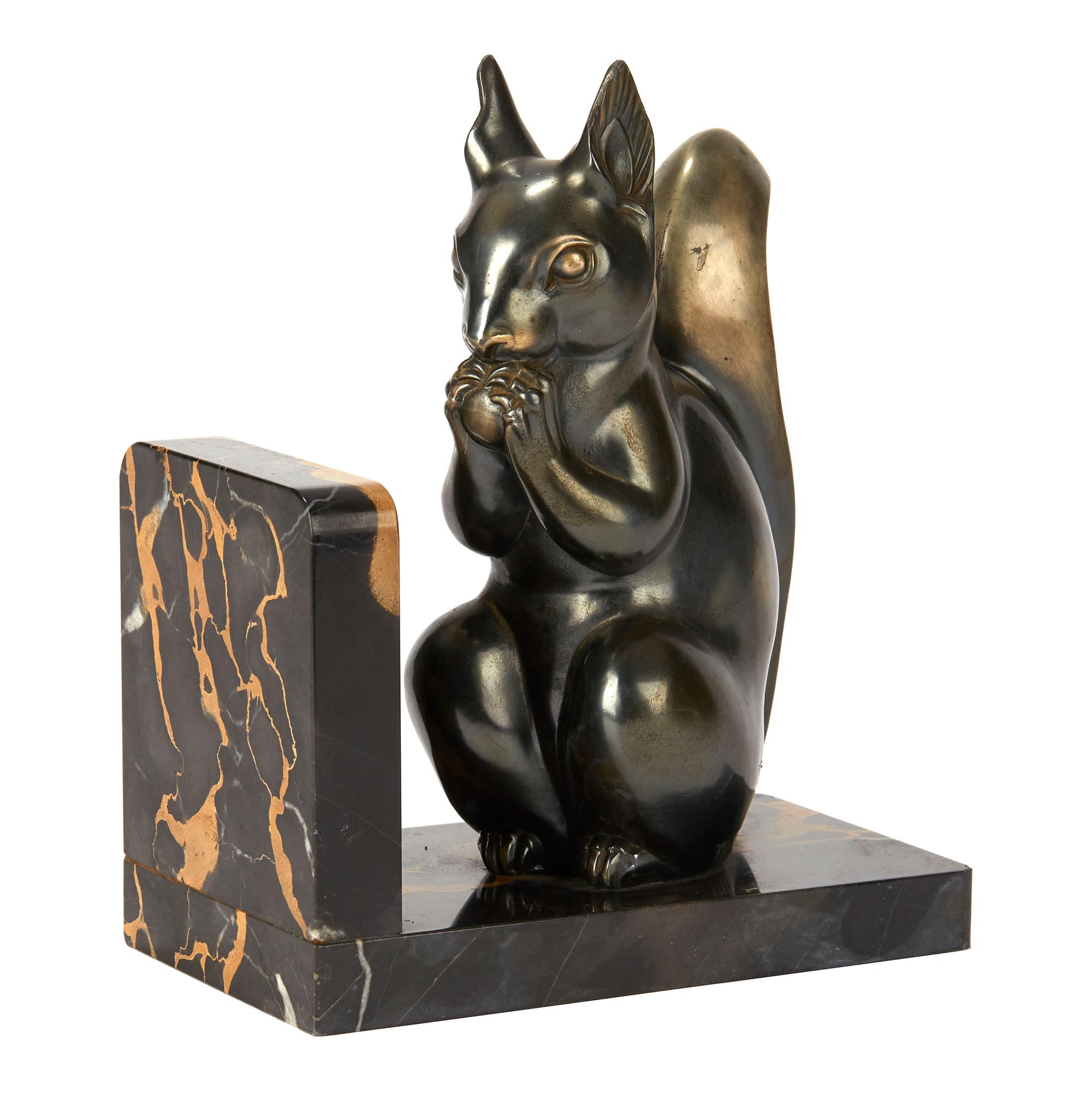 Marble Pair of French Art Deco Squirrel Mounted Bookends by Maurice Font