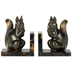 Pair of French Art Deco Squirrel Mounted Bookends by Maurice Font
