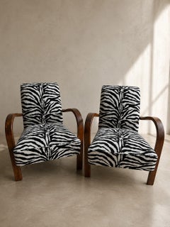 Pair of French Art Deco Streamline Lounge Chairs in Zebra Upholstery, 1930s