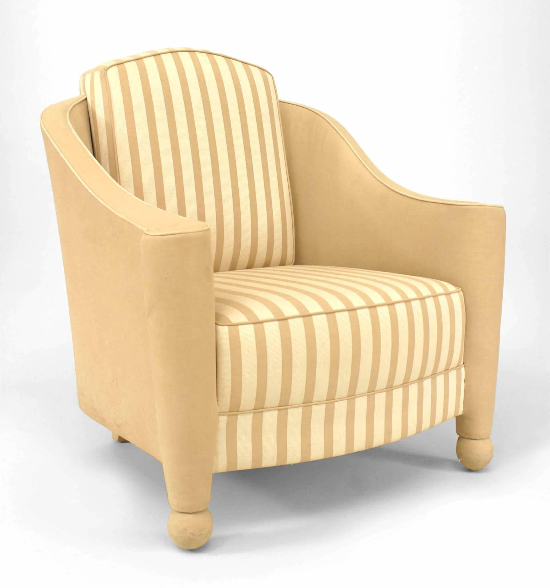 Pair of French Art Deco-style beige linen upholstered bergeres with round back and flared arms with striped seat and back cushion (GEOFFREY BRADFIELD DESIGN) (PRICED AS Pair)
