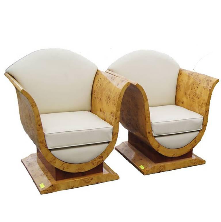 Pair of French Art Deco Style Burled Olive Wood Lounge Chairs