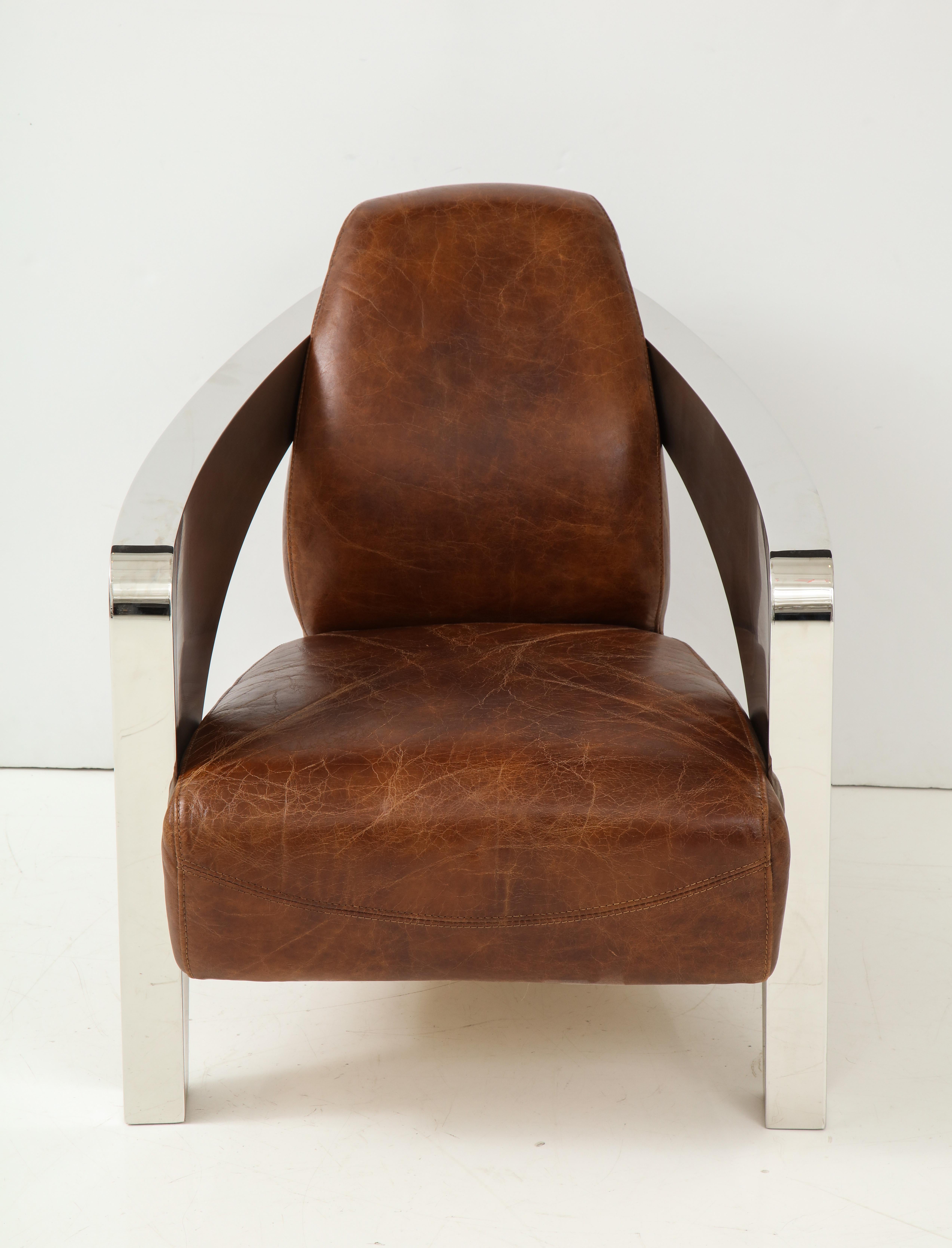 Pair of French Art Deco Style Chrome and Leather Aviator Club Chairs 4