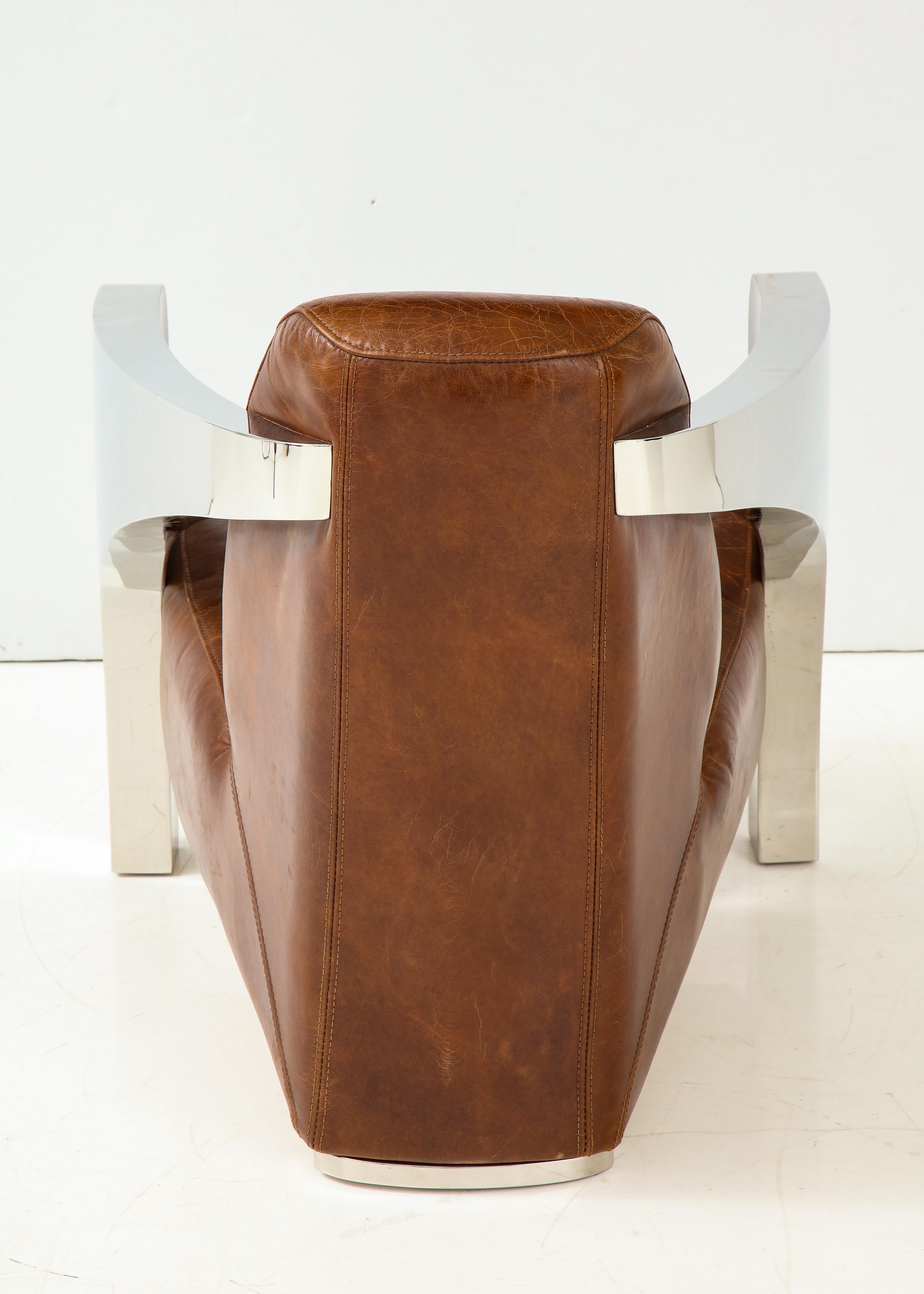 20th Century Pair of French Art Deco Style Chrome and Leather Aviator Club Chairs